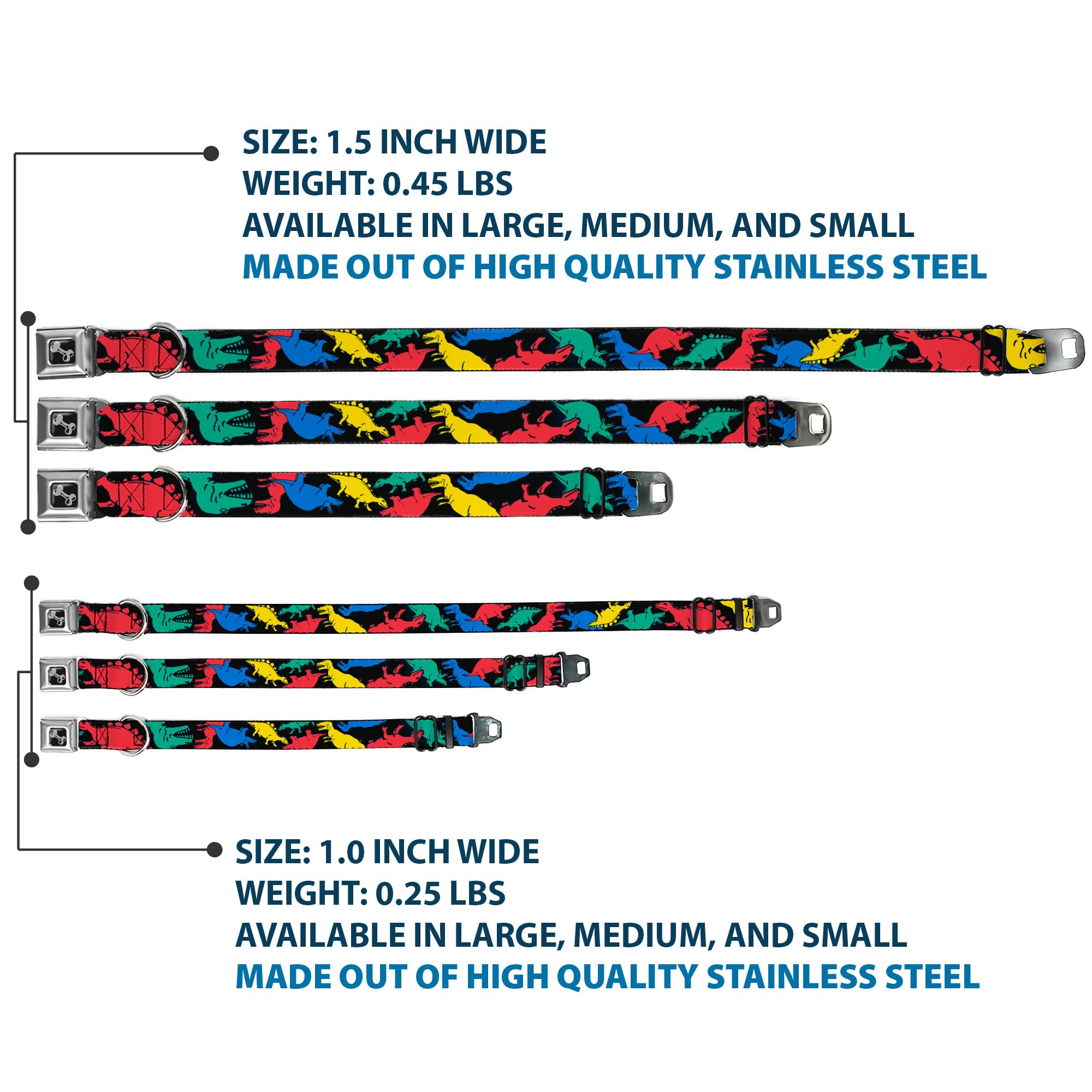 Buckle-Down Seatbelt Buckle Dog Collar - Dinosaurs Black/Multi Color - 1.5' Wide - Fits 16-23' Neck - Medium