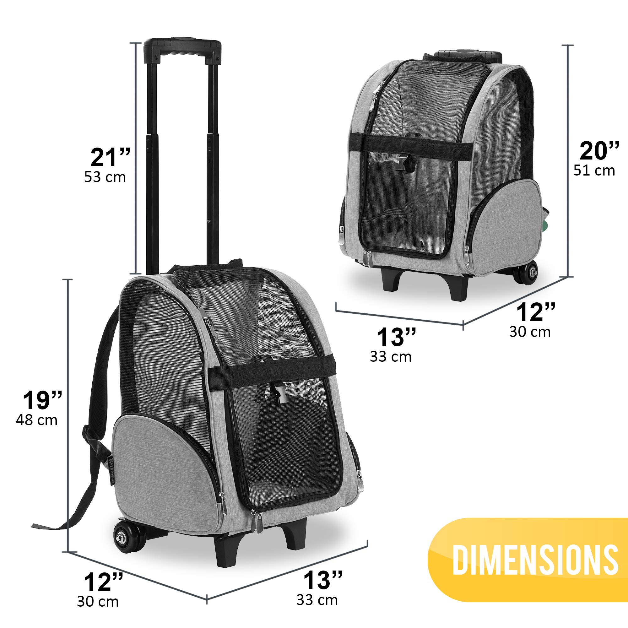 KOPEKS Deluxe Backpack Pet Travel Carrier - Double Wheels, Grey, 13"L x 12"W x 20"H, Model KPS-1103, Airline Approved