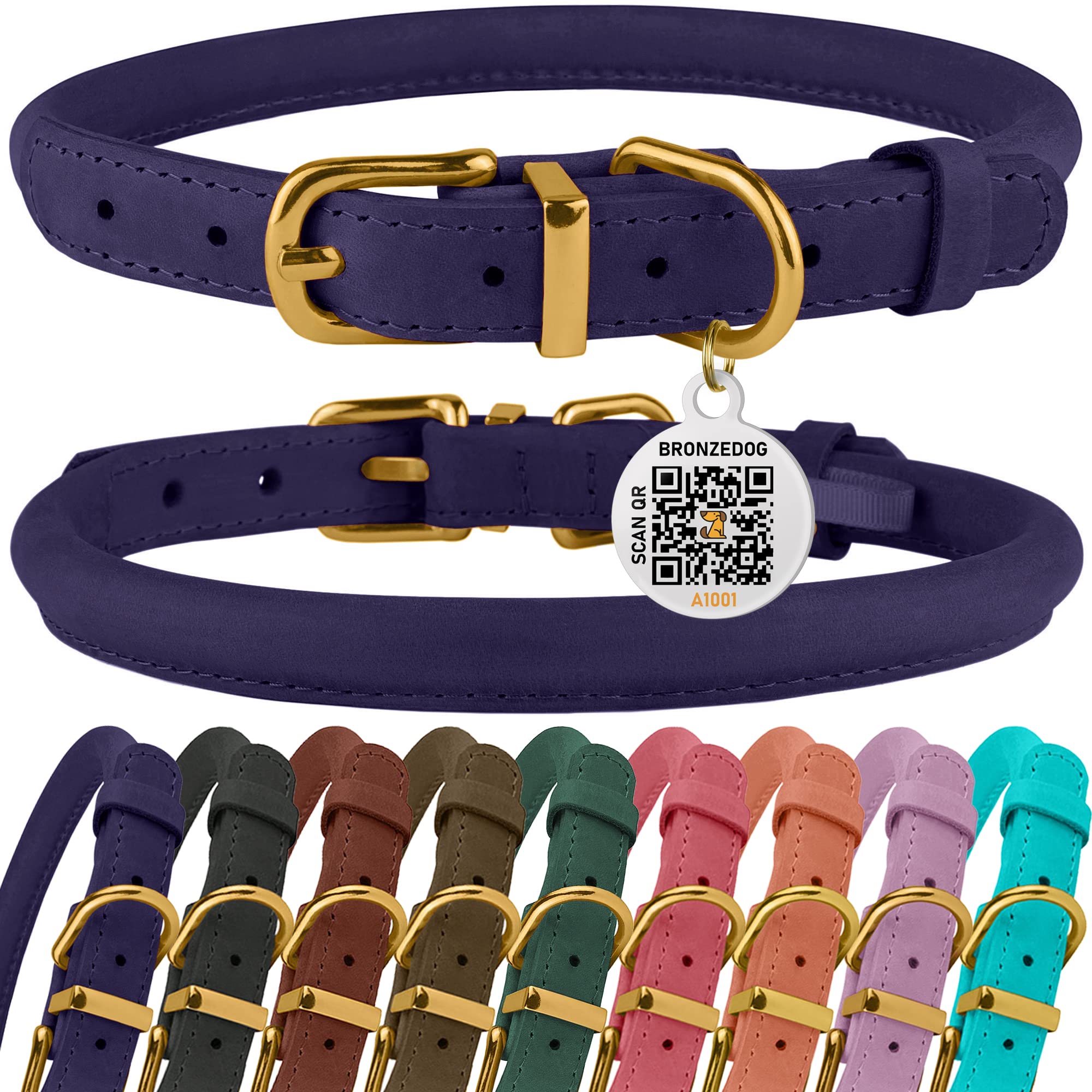 Bronzedog Rolled Leather Dog Collar With Qr Id Tag, Adjustable Soft Round Collars For Small Medium Large Dogs Puppy (9'' - 11'' 