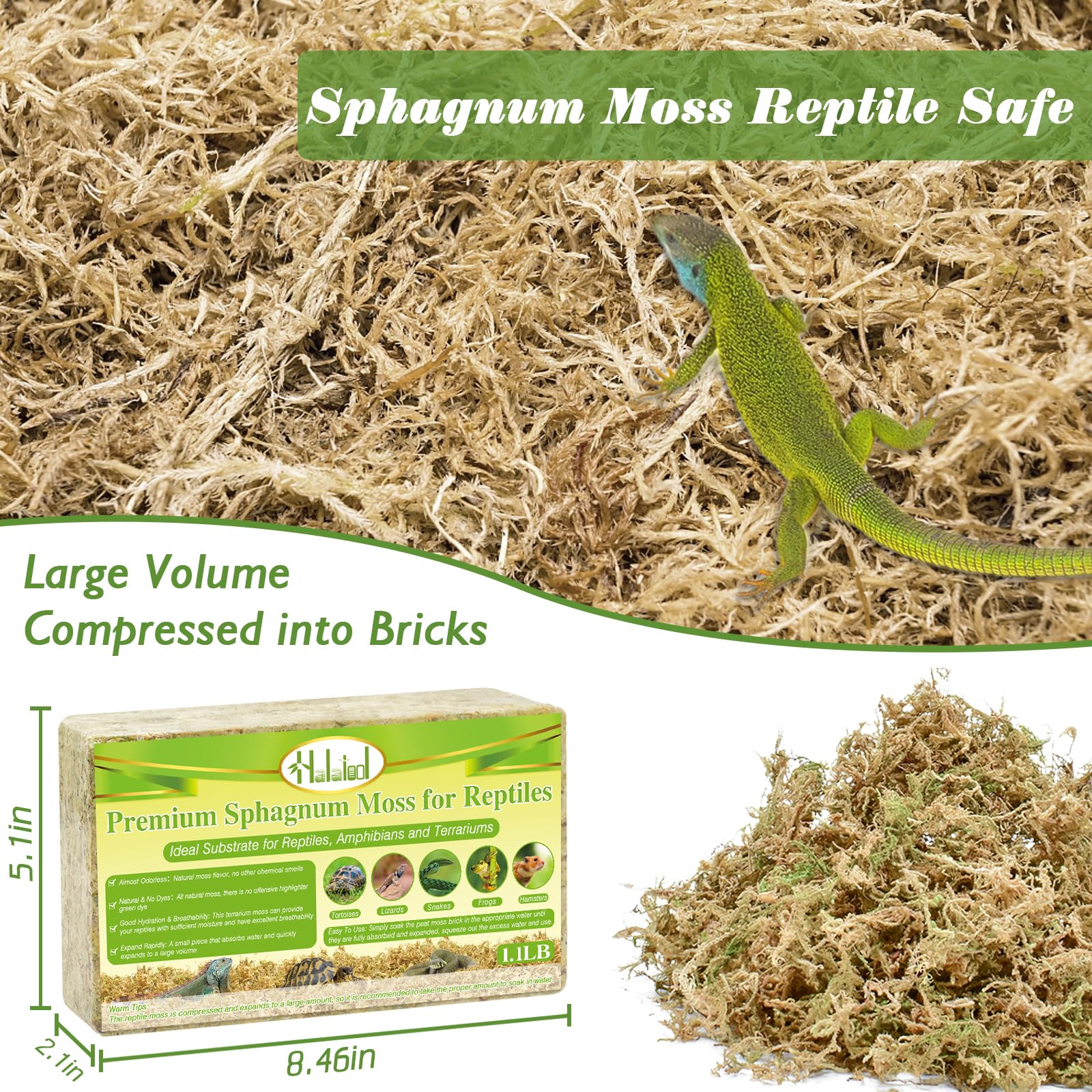 Halatool 1.1Lb Sphagnum Moss For Reptiles(Turtles, Geckos, Snakes, Frogs, Hamsters), Natural Forest Long Fibered Dried Moss Bulk