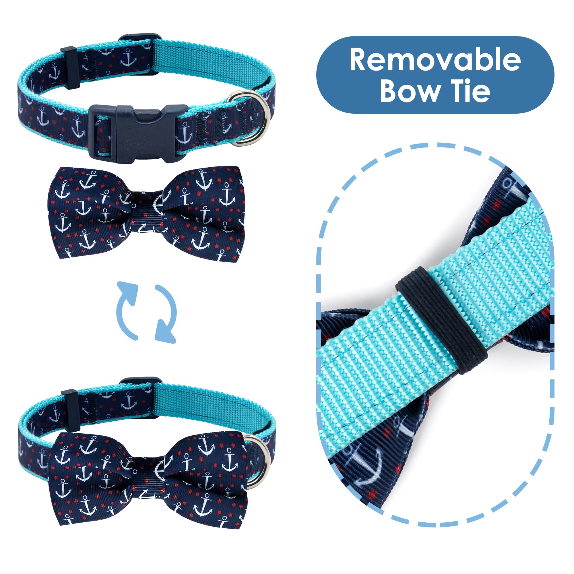 Azuza Anchor Dog Collar With Bow Tie, Soft And Comfortable Adjustable Bowtie For Small Dogs