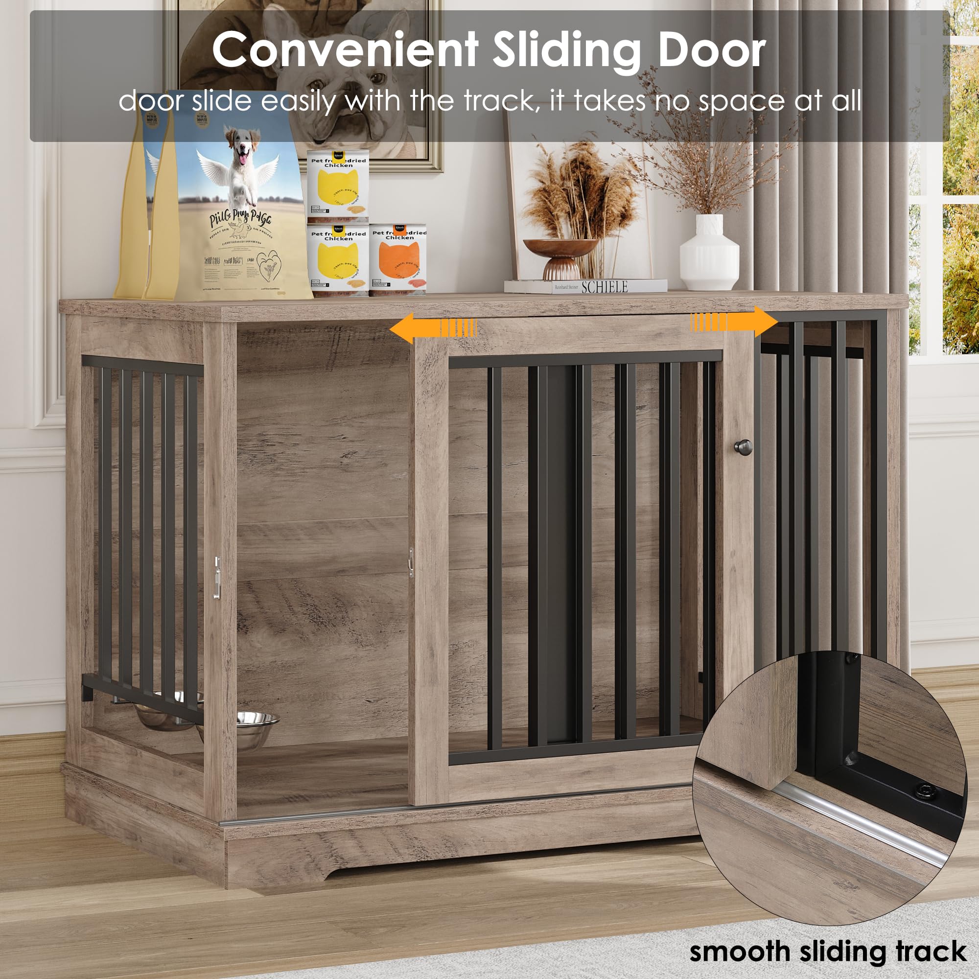 Dog Crate Furniture 47    Large Dog Kennel For Dogs Indoor, Heavy Duty Dog Cage With Sliding Door And 2 Sus Bowls Wooden End Tab