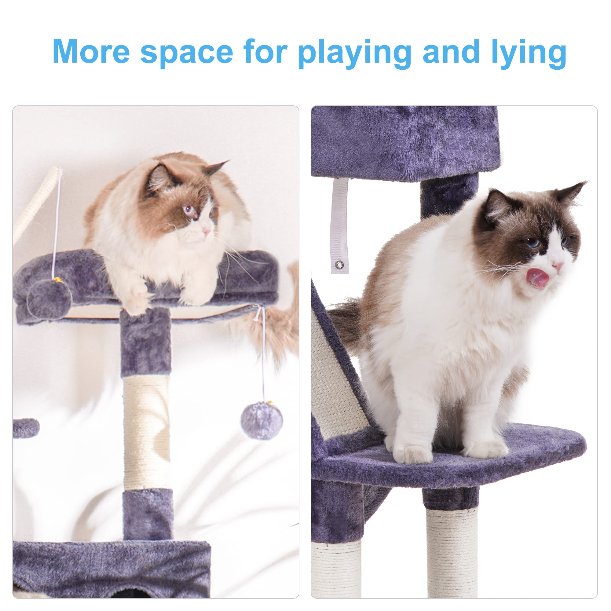 Hey-Brother Cat Tree, 61 Inch Cat Tower For Indoor Cats, Cat House With Padded Platform Bed, Toy Balls, Large Cozy Condo, Hammocks And Sisal Scratching Posts, Smoky Gray Mpj019G
