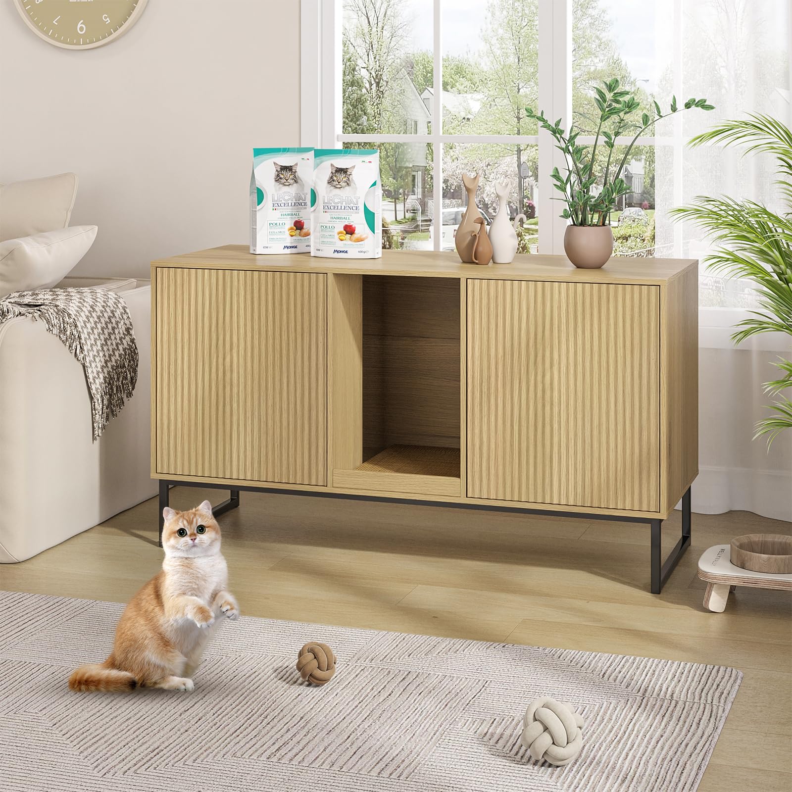 Vabches Litter Box Enclosure For 2 Cats, Hidden Litter Box Furniture With Double Room, Modern Cat House With Scratch Pad For Liv