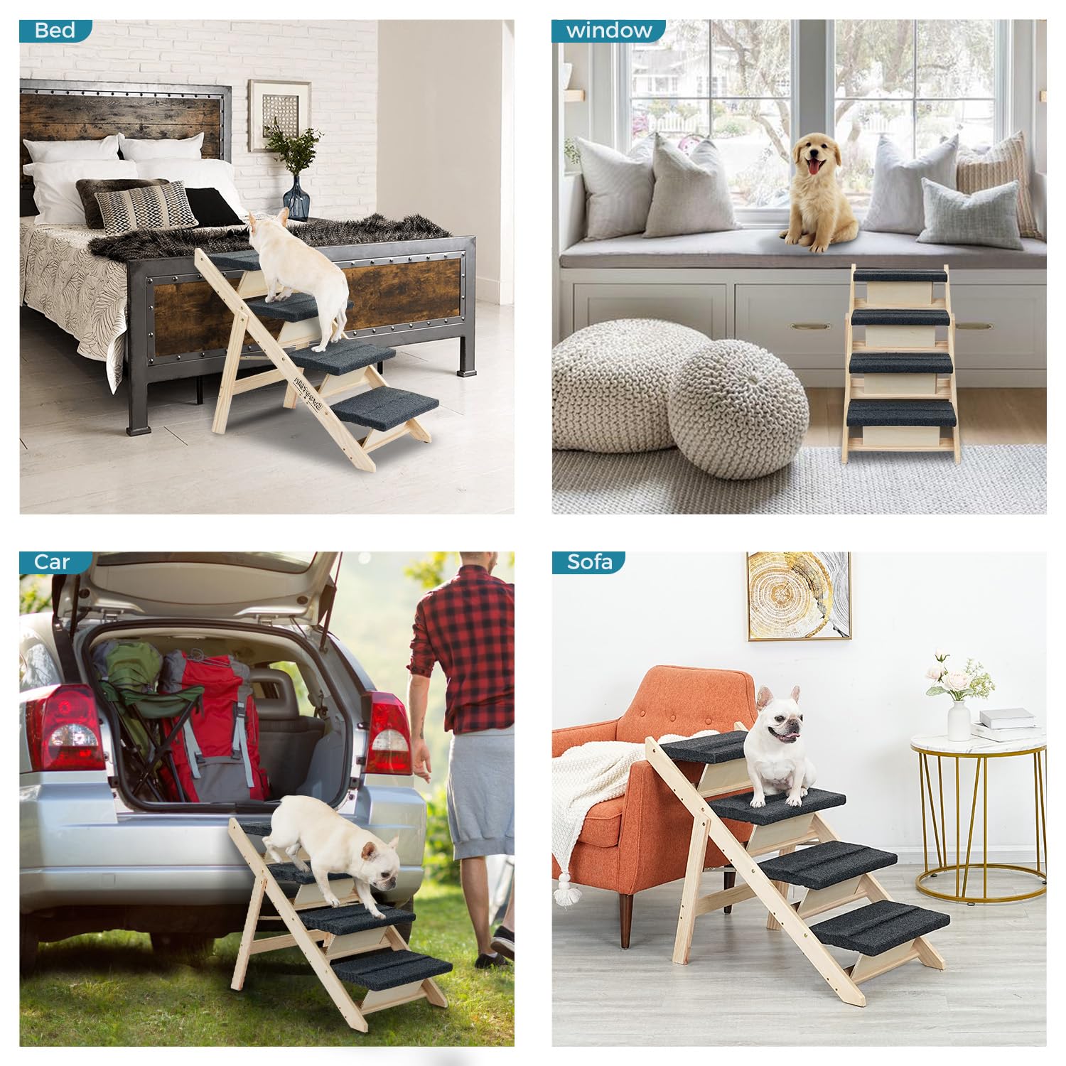 Sweetbin Wood Pet Stairs/Pet Steps For All Dogs And Cats - 2-In-1 Foldable Carpeted 3 Tiers Dog Stairs & Ramp Perfect For Beds And Cars - Portable Dog/Cat Ladder Up To 150 Pounds