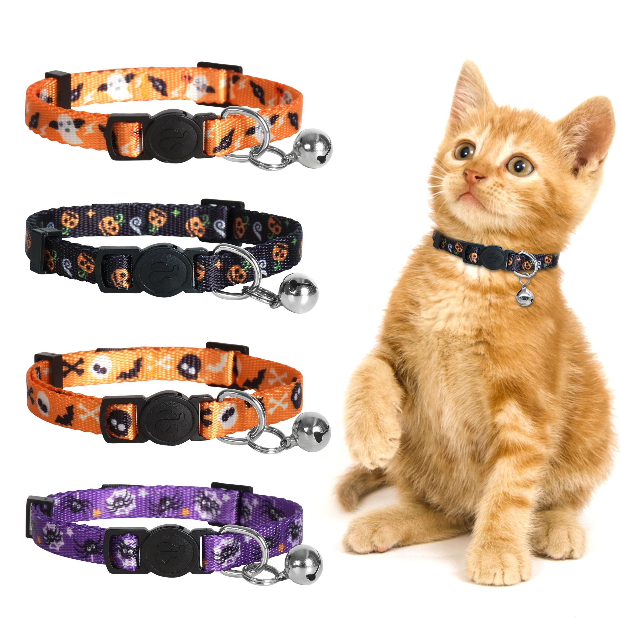 Azuza 4 Pack Halloween Kitten Collars Breakaway With Bells, Adjustable Cat Collars With Safety Buckle,Adjustable From 6'-8', Skull And Crossbones,Ghosts, Spider And Pumpkin Prints