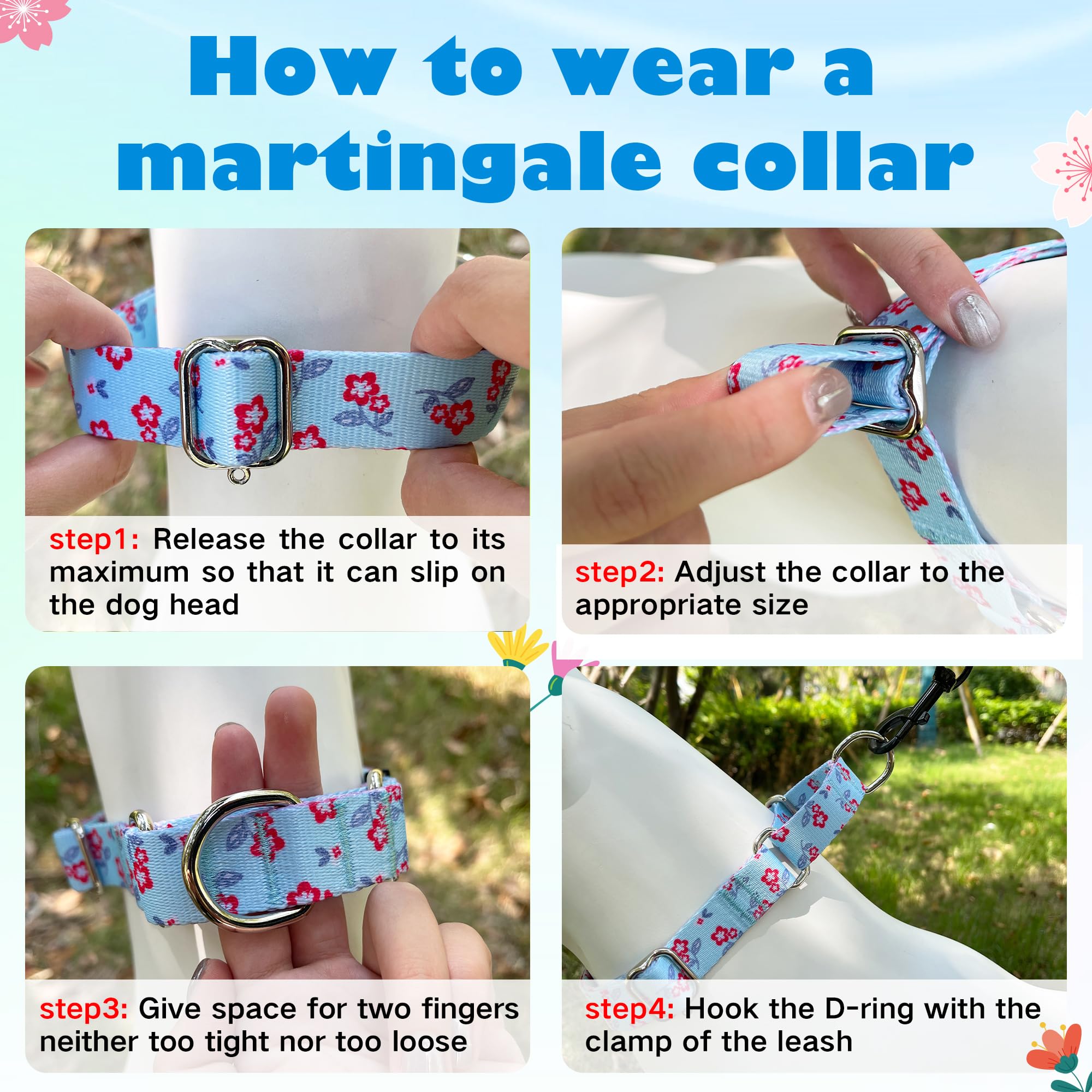 Hikiko Martingale Dog Collar With No Buckle Cute Girl Flower Dog Collars Comfortable Nylon Choke Collar For Medium Dogs,Light Bl