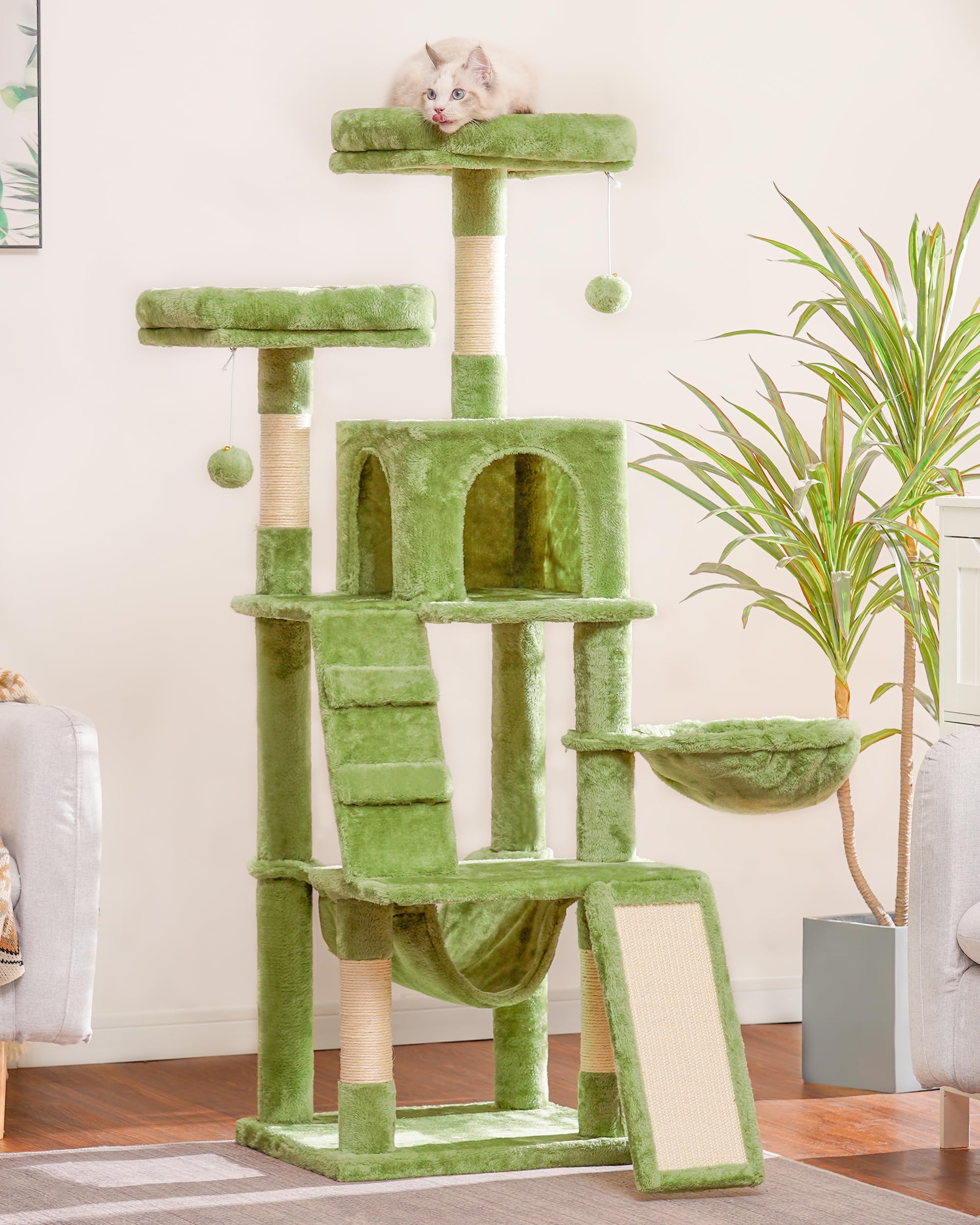 Heybly Cat Tree, Cat Tower For Indoor Cats,Multi-Level Cat Furniture Condo For Cats With Padded Plush Perch, Cozy Basket And Scratching Board Smoky Green Hct014Gr