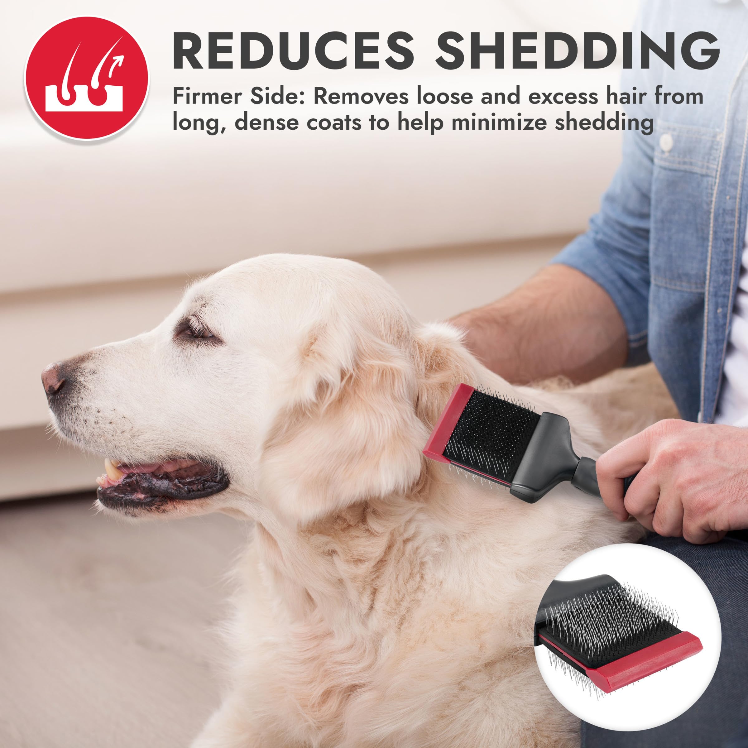 KONG Double-Sided Flexible Slicker Brush - De-Shedding & Detangling Tool, Padded Grip, Long Metal Pins, Flexible Head, for Mediu