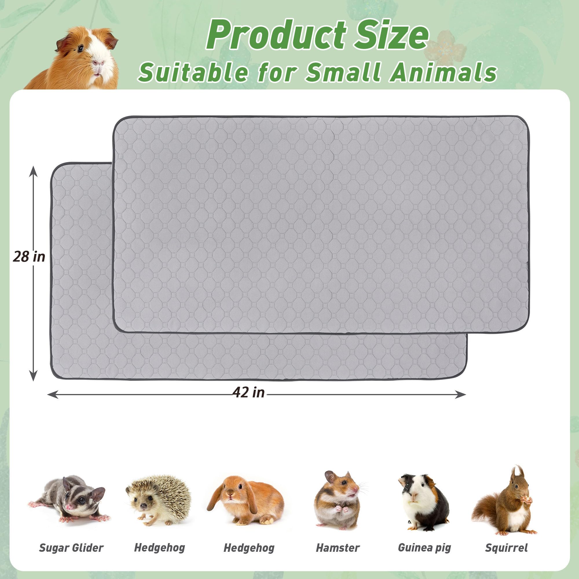 2 Pack Guinea Pig Cage Liners, 28'' X 42'' Washable Guinea Pig Pee Pads, Non Slip Reusable Super Absorbent Guinea Pig Training M