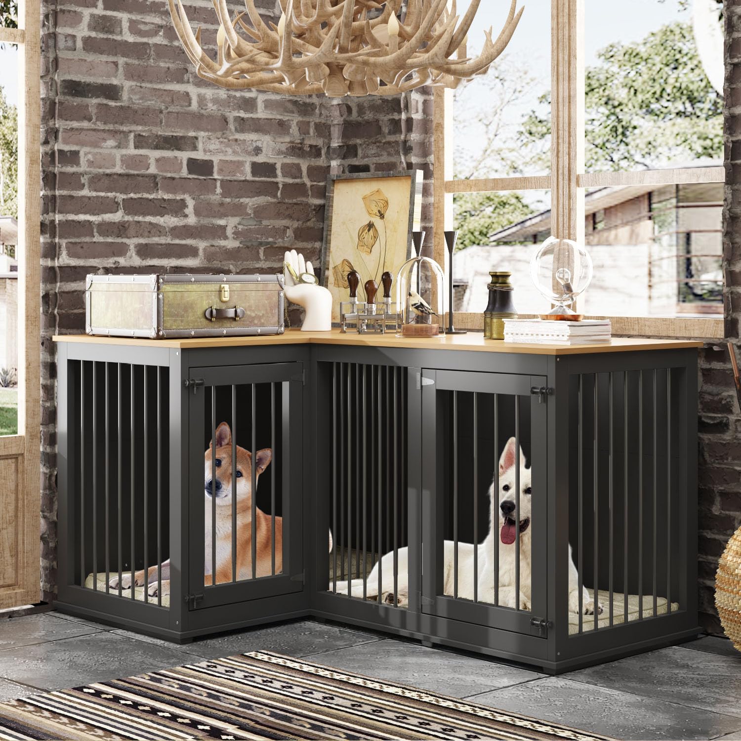 DAWNSPACES Corner Dog Crate Cage, Indoor Furniture Style Heavy Duty Dog Kennel House with Double Rooms & Removable Divider for L