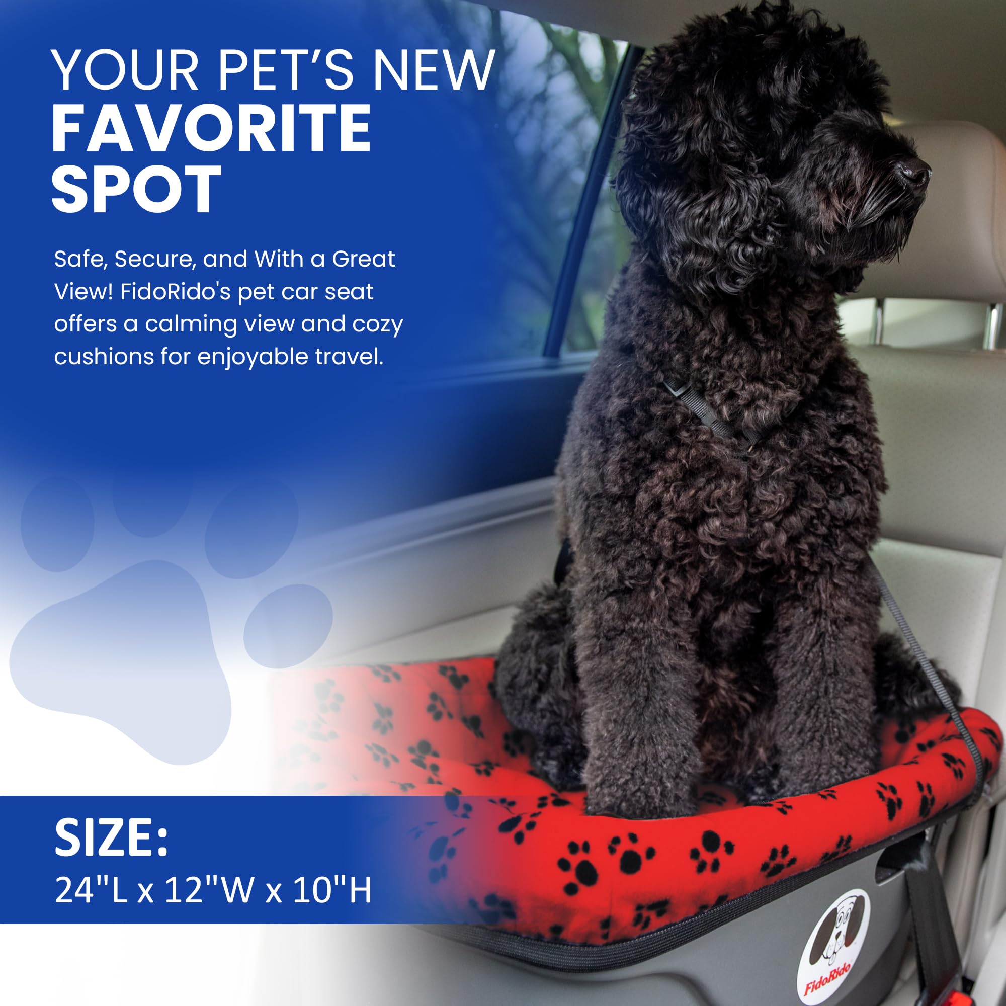 FidoRido Dog Car Seat - Small Harness Booster Seat, Red with Black Paw Prints, Comfortable Cushions and Safety Straps for Travel