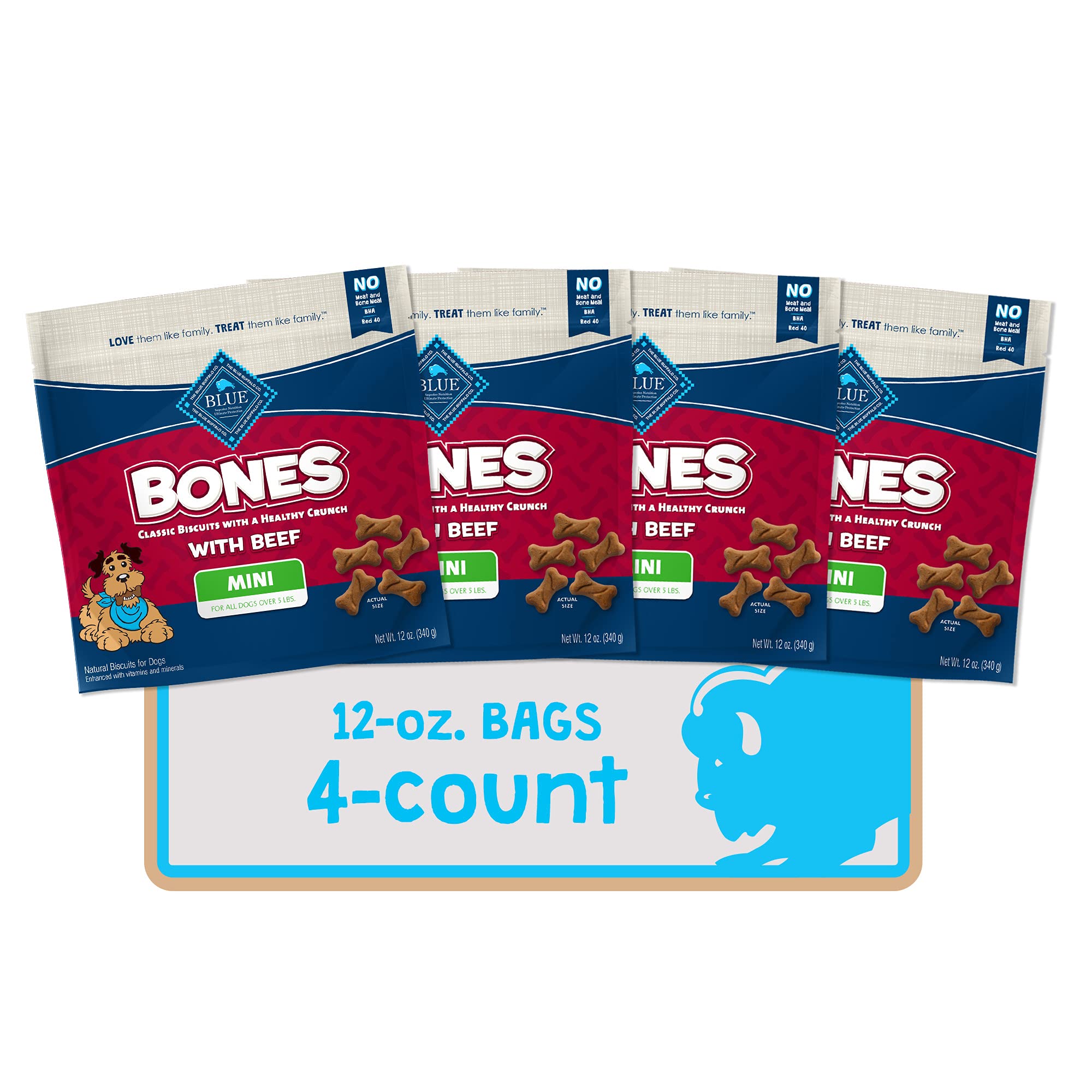 Blue Buffalo Bones Natural Crunchy Dog Treats Mini Dog Biscuits Beef, 12oz. Bag, 4 Count
