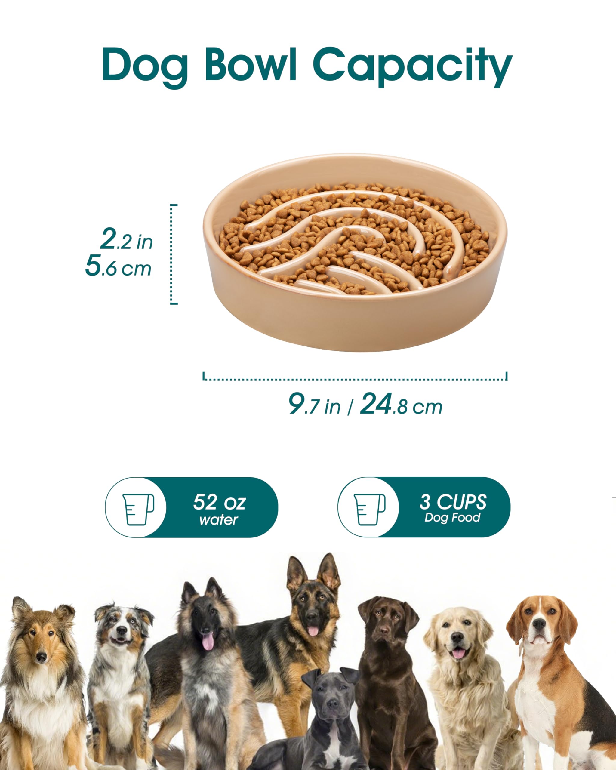 vancasso Slow Feeder Dog Bowl, 3 Cup Ceramic Slow Feeding Food Dish for Large Breed, Puzzle Dog Food Bowl for Fast Eater, Brown