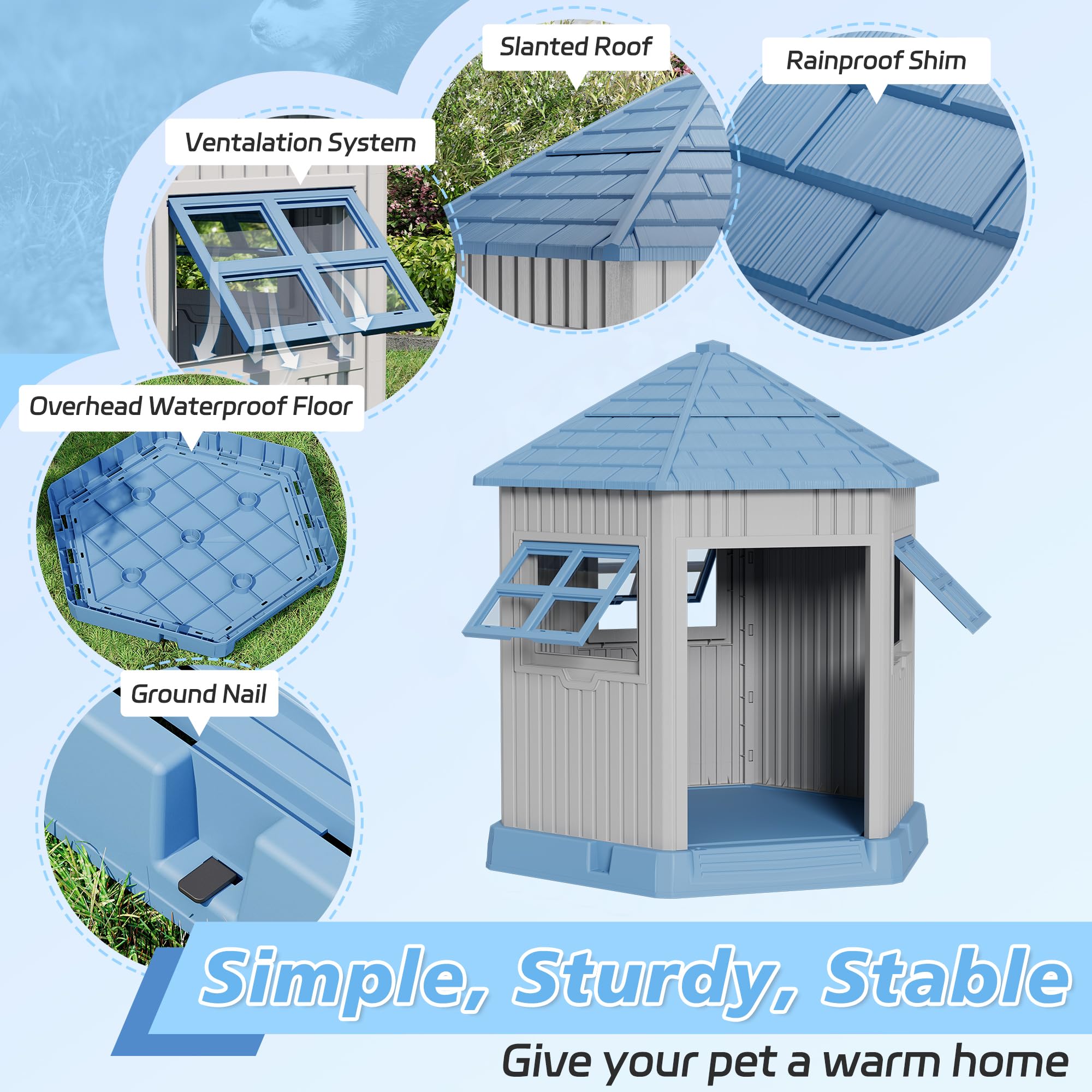 Durable Dog House Indoor Outdoor for Small Medium Dogs, Weatherproof Puppy Shelter with Elevated Floor & Air Vents, Easy Clean a