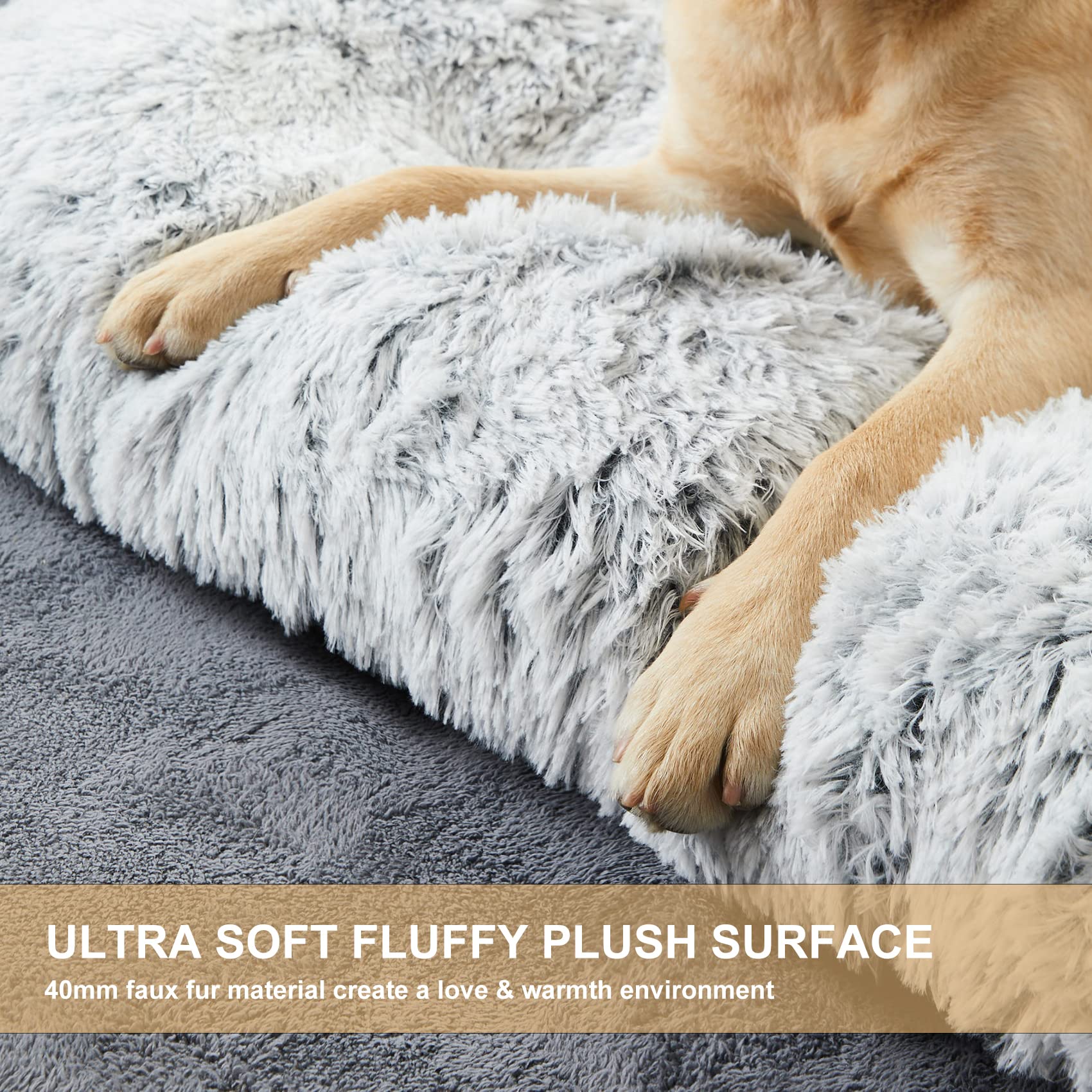 BFPETHOME Dog Bed XL Grey, Plush Crate Pad for Large Dogs, Washable with Anti-Slip Bottom, Fluffy Kennel Pad for Sleep & Anxiety Relief