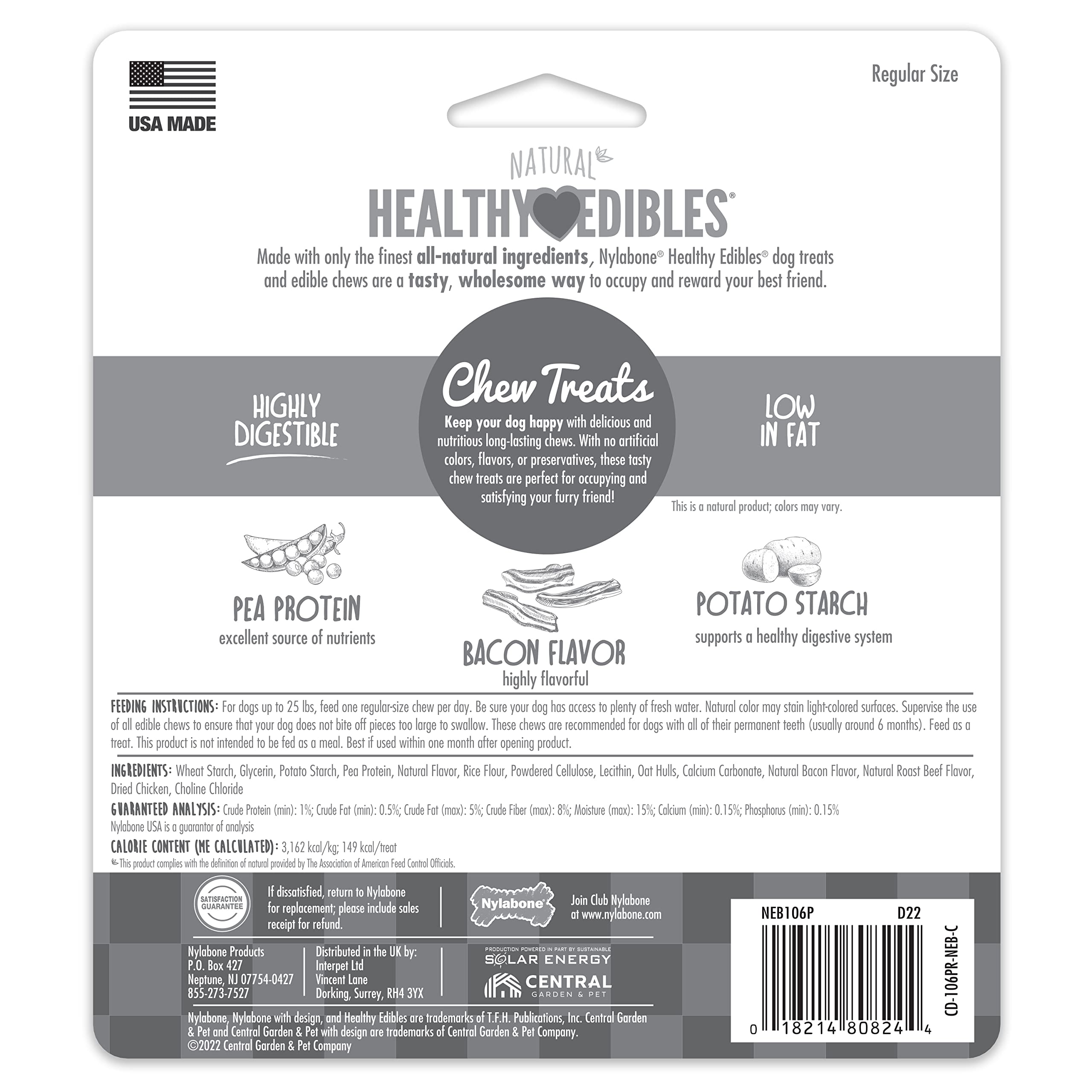 Nylabone Healthy Edibles Natural Dog Chews Long Lasting Bacon Flavor Treats for Dogs, Small/Regular (3 Count)
