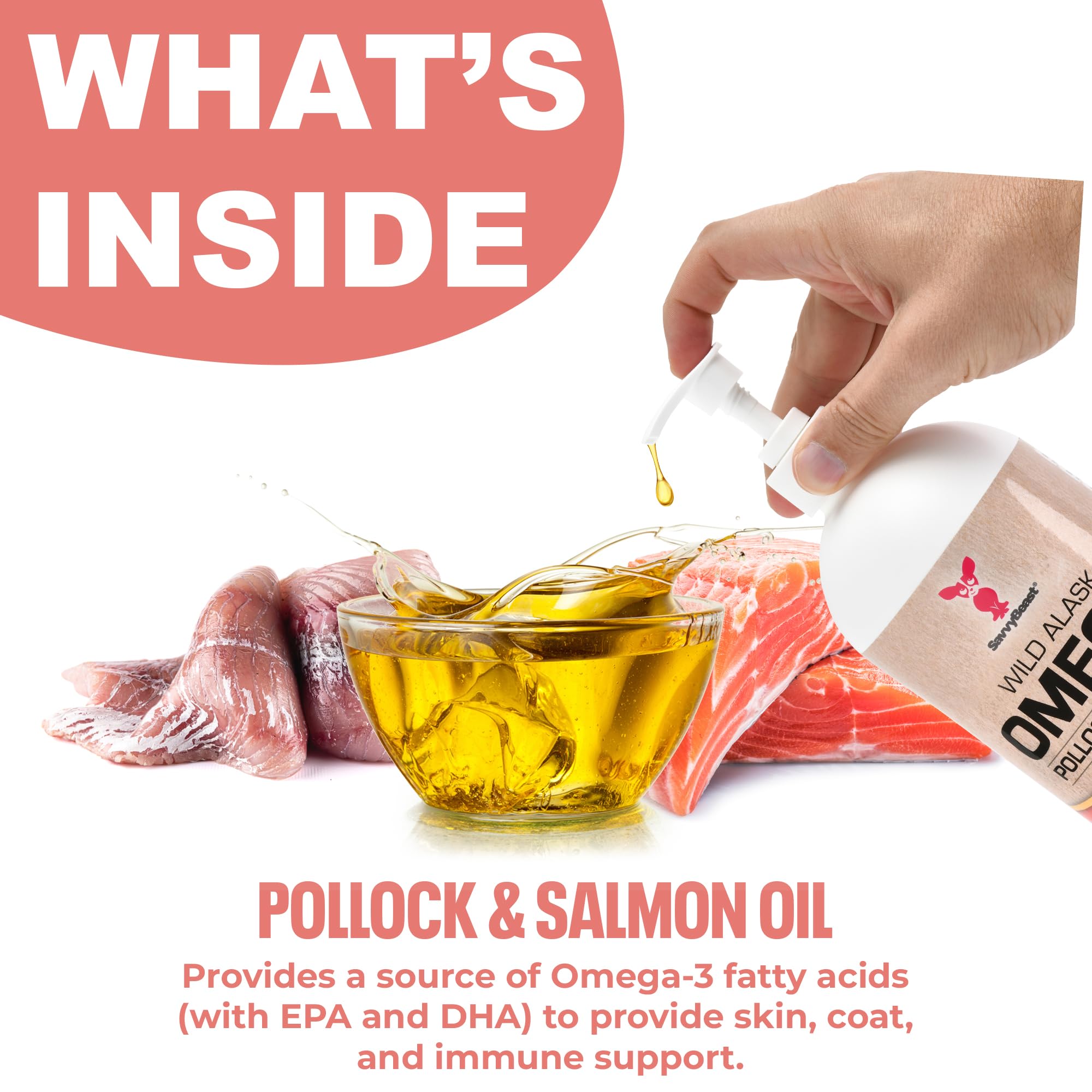 SavvyBeast Pollock and Salmon Oil for Dogs & Cats - Omega-3 Fish Oil Supplement for Pets - Supports Skin & Coat, Joints, Itch Re