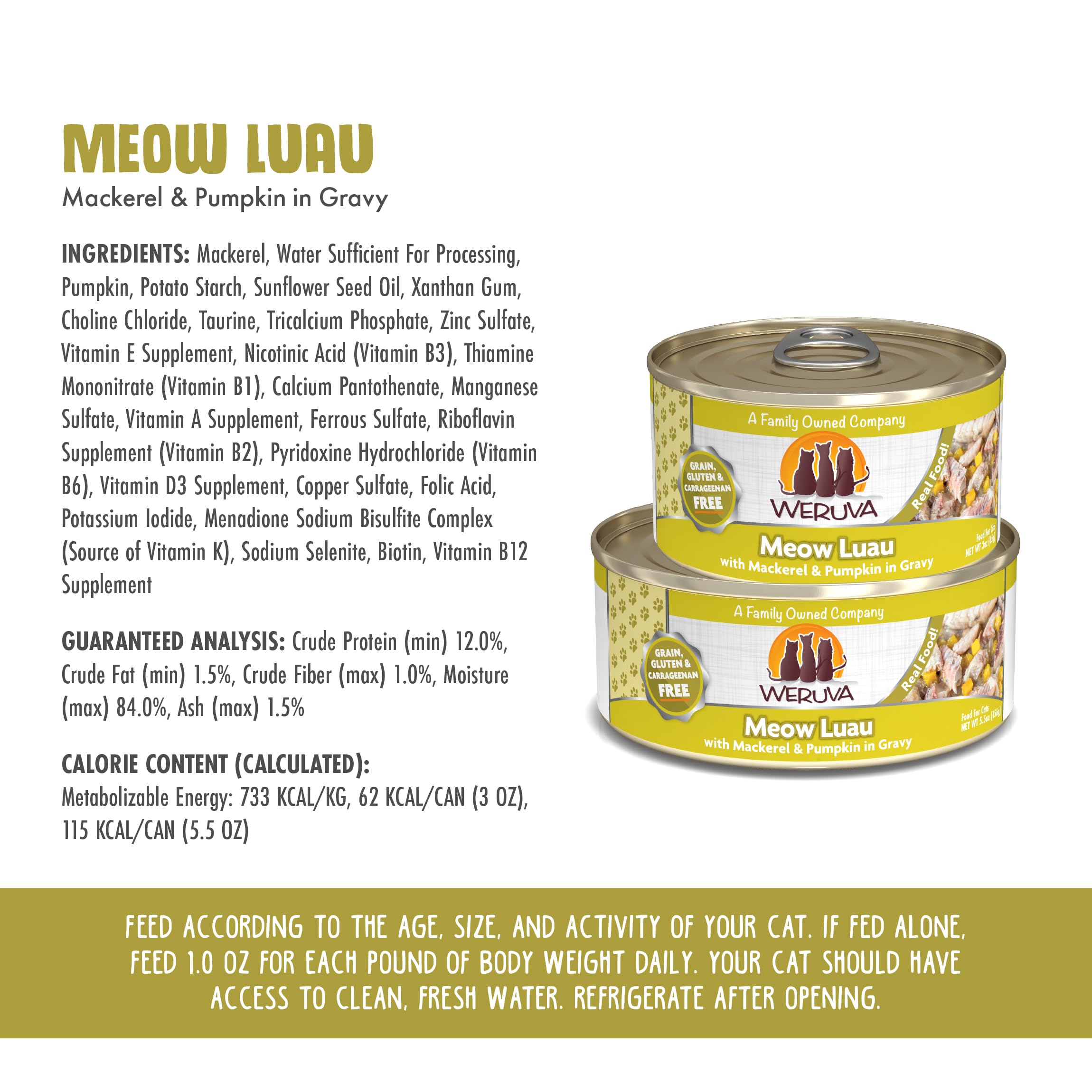 Weruva Classic Cat Food, Meow Luau with Mackerel & Pumpkin in Gravy, 3oz Can (Pack of 24)