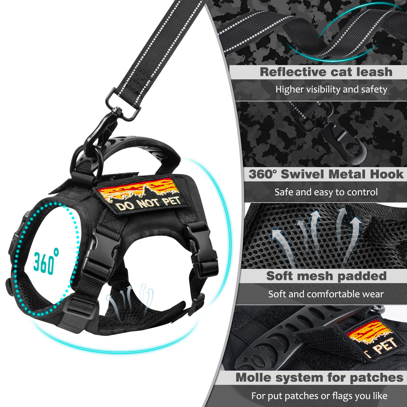 Nanappice Tactical Cat Harness And Leash For Walking Esacpe Proof,Adjustable Soft Mesh Large Cat Vest With Rubber Handle Easy To Control,Molle Patches