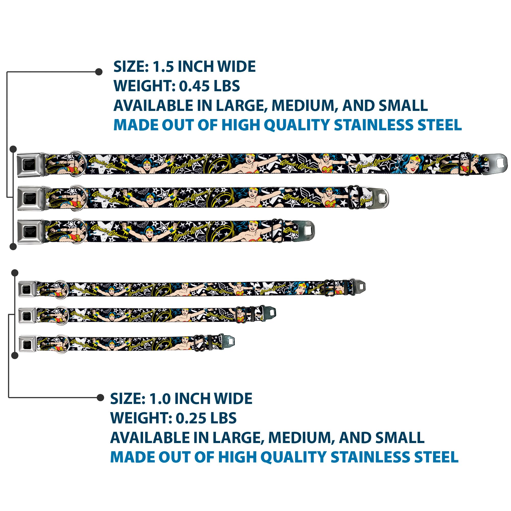 Buckle-Down Seatbelt Buckle Dog Collar - Wonder Woman/Stars Black/White - 1' Wide - Fits 9-15' Neck - Small
