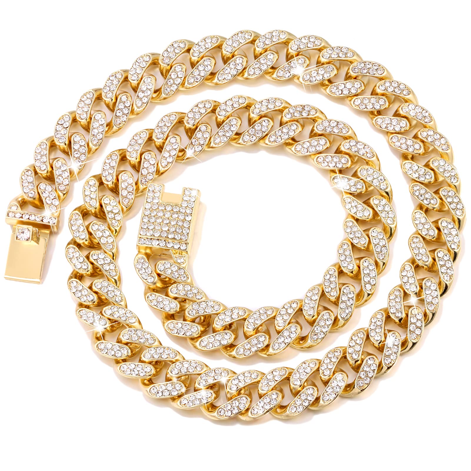 Flatfoosie Cuban Link Dog Collar Gold Silver Color Metal Dog Chain Collar Cuban Diamond Chain Pet Collars For Dogs Cats Jewelry 8/10/14/16/18/20/24/28 Inch (20Inch, Gold)