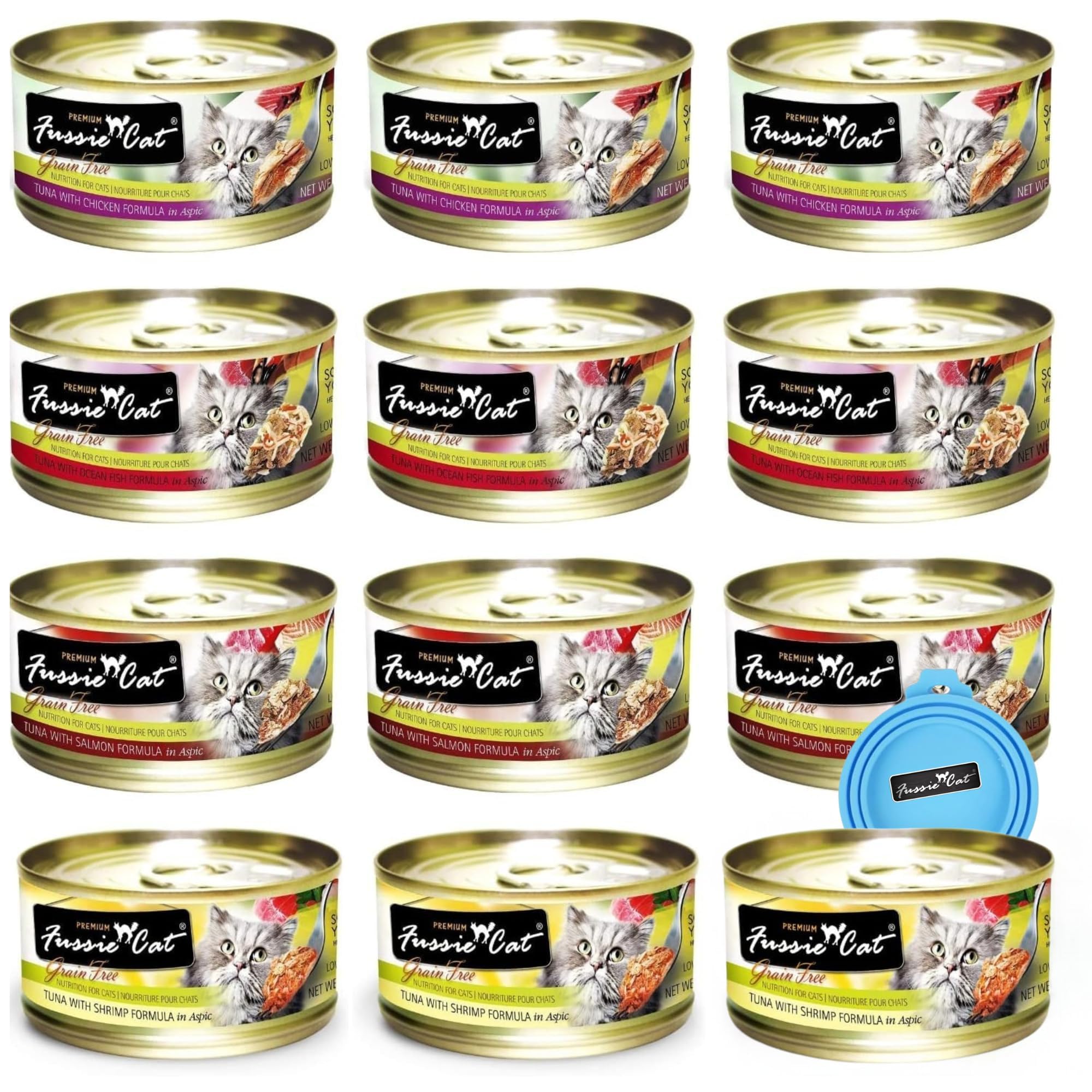 Fussie Cat Premium Canned Grain Free Cat Wet Food - Variety 4 Flavors Pack Food Bowl (12 Cans) (Tuna & Ocean Fish- Salmon - Shri