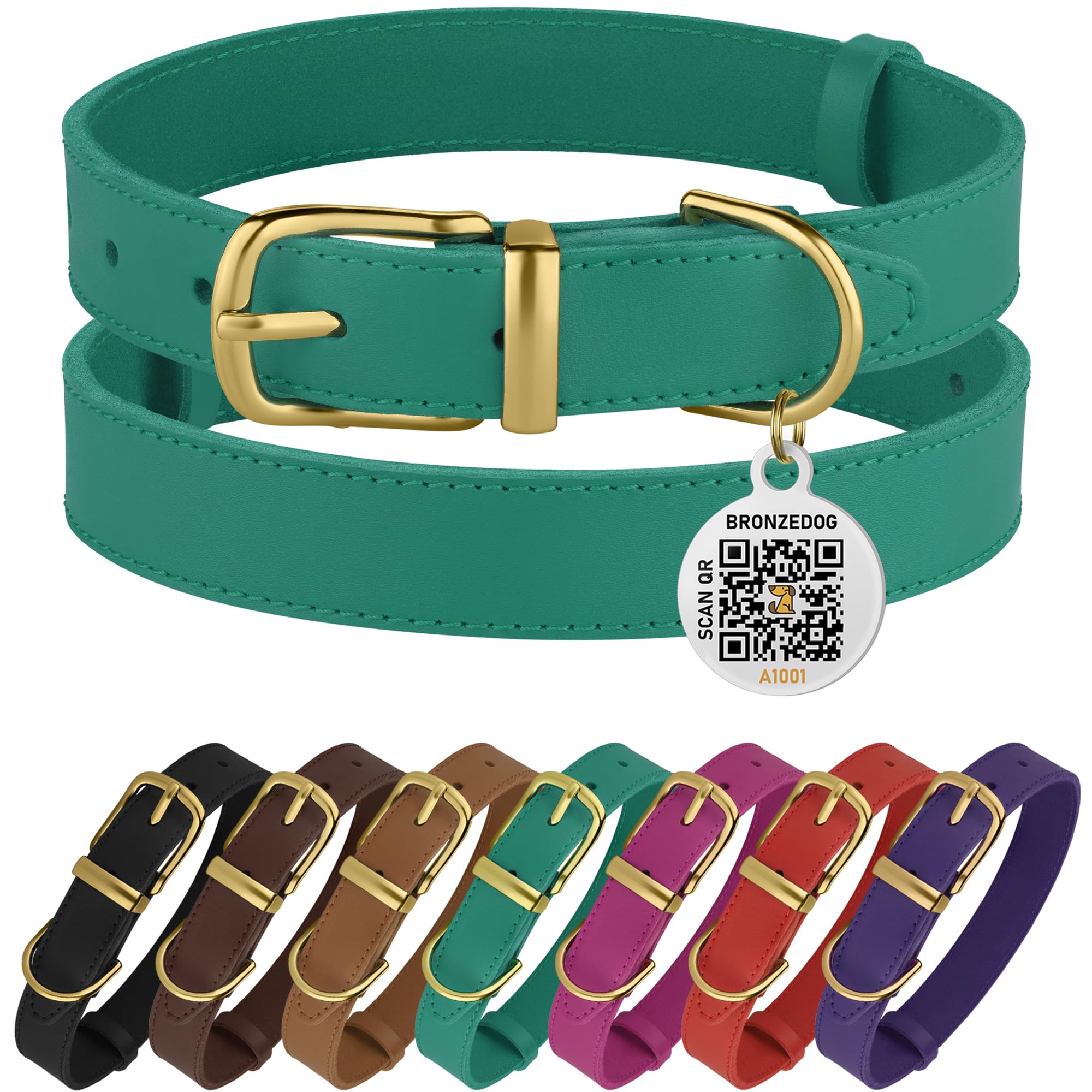 Bronzedog Leather Dog Collar With Qr Id Tag Basic Pet Collars For Small Mini Dogs Cats Puppies (7-9 Inch (Pack Of 1), Green & Gold Buckle)