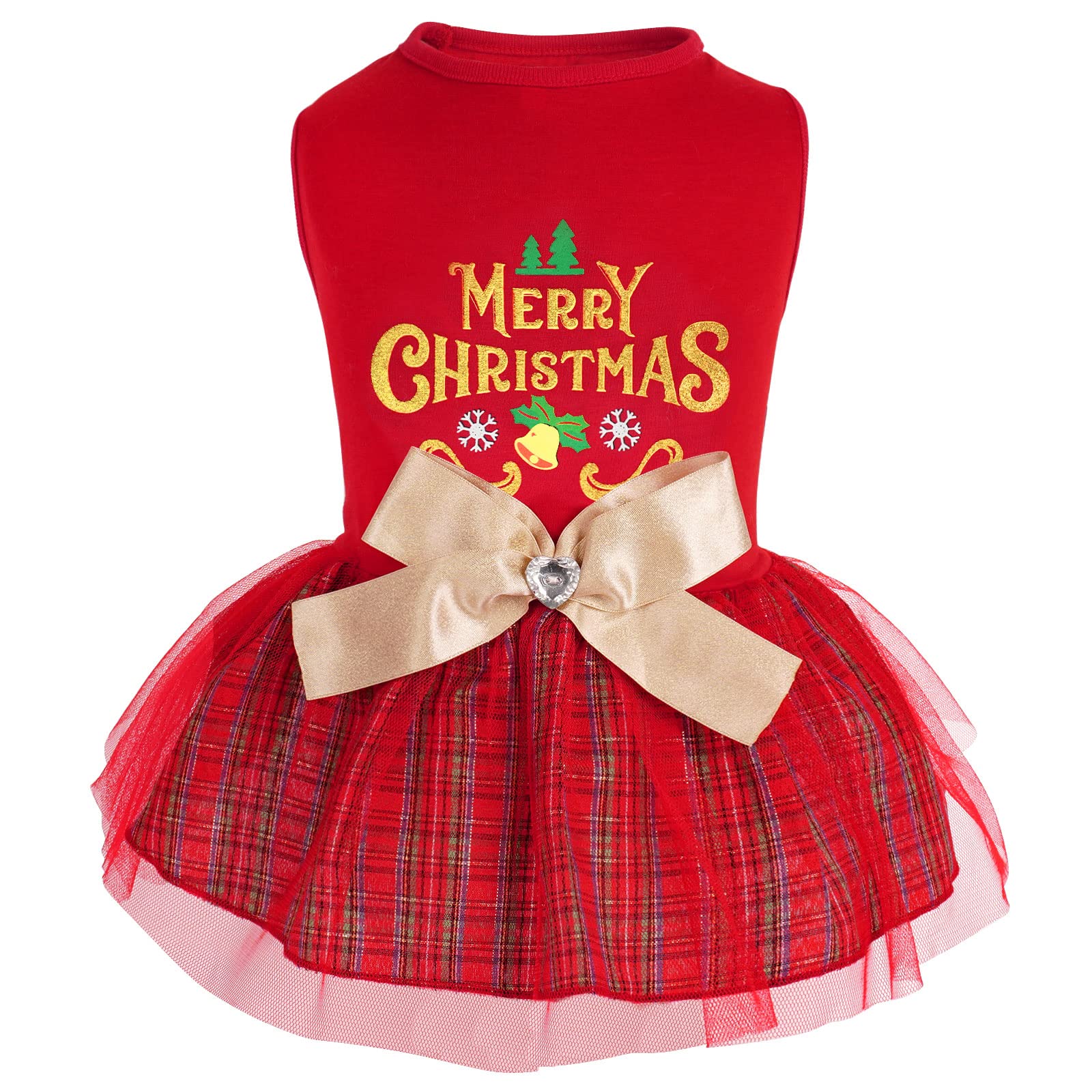 Cyeollo Plaid Christmas Holiday Theme Dress With Bowtie - Girl Dog Clothes, Doggie Outfits, Festival Dresses For Small Dogs