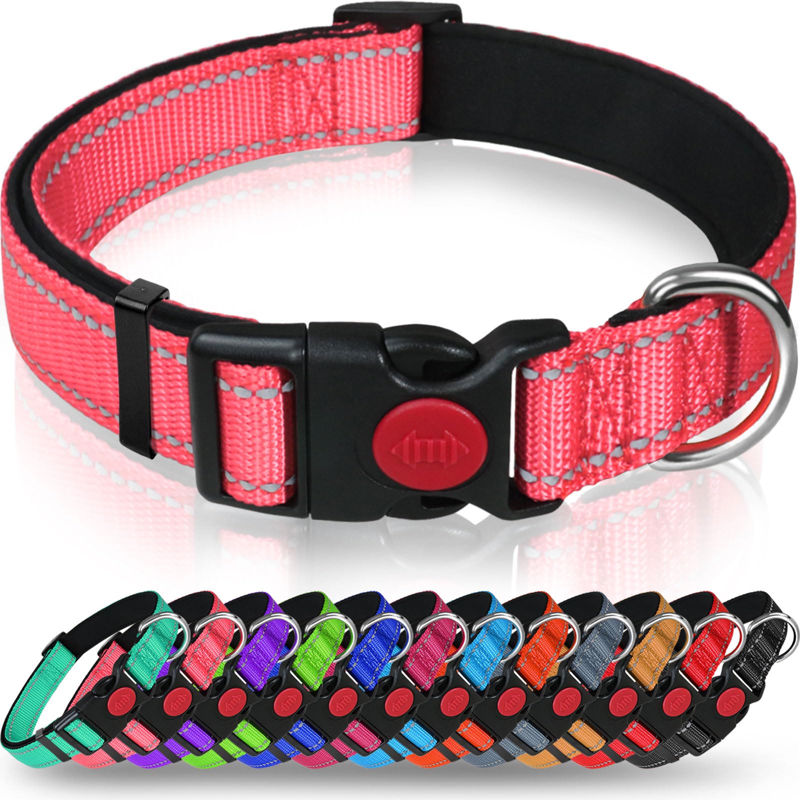 Taglory Reflective Dog Collar With Safety Locking Buckle, Adjustable Nylon Pet Collars For Large Dogs Female Male, Pink, L