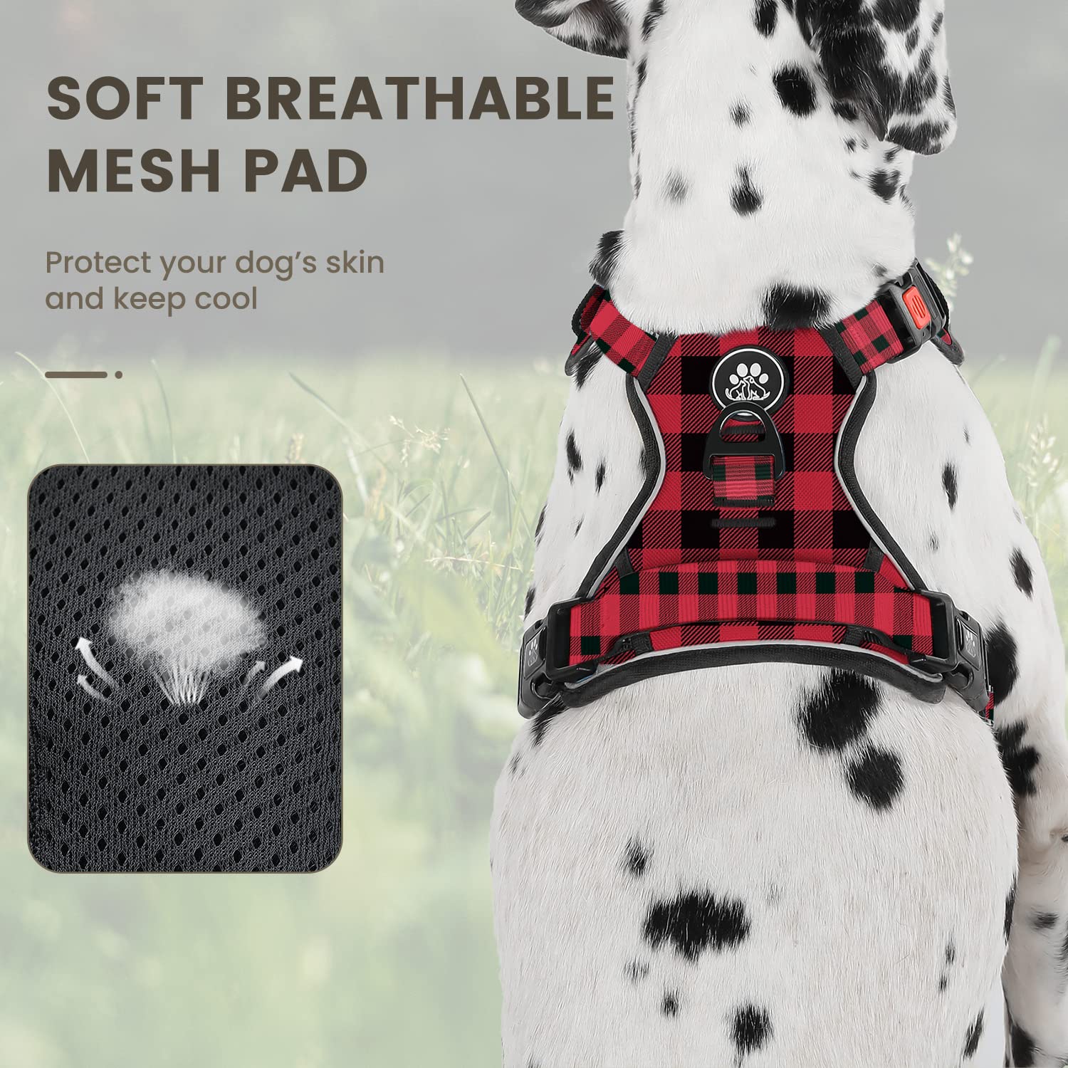 Furryfection Plaid Dog Harness For Extra Large Dogs, No Pull Reflective Pet Harness, No Choke Vest Harnesses With Leash, Easy Control Handle, Adjustable Front Lead & Seat Belt, Red & Black,Xl