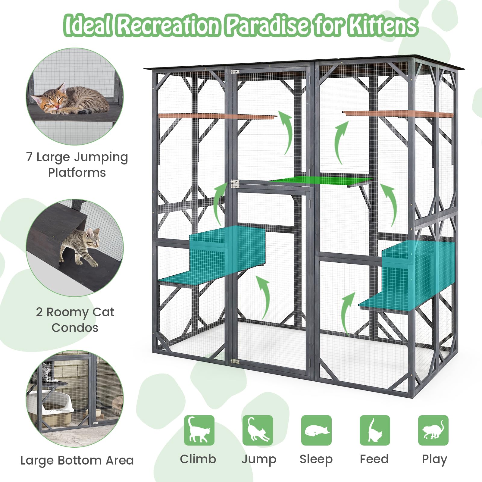 Tangkula Catio Outdoor Cat Enclosure Large, 71 Inch Outdoor Cat House Weatherproof With Asphalt Roof, Wooden Cat Cage Playpen With 7 Jumping Platforms & 2 Resting Boxes, Walk-In Cat Kennel Condo