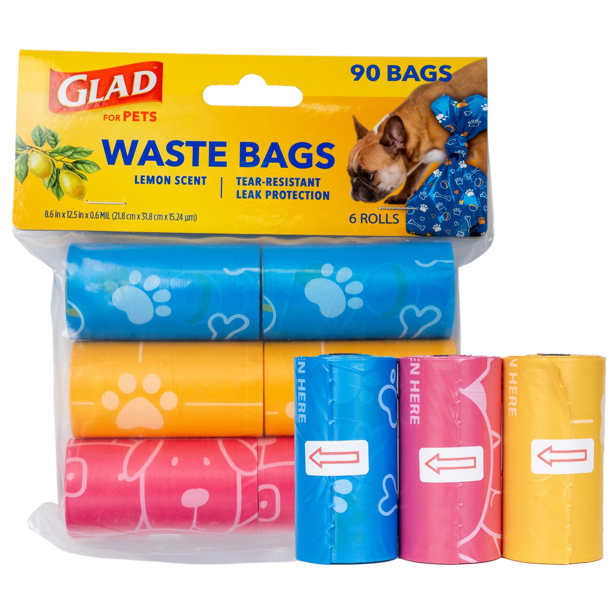 Glad for Pets Scented Waste Bags, Tear Resistant Pet Poop Pick-up Bags with Leak Protection, Lemon Scent, Multicolor Designs, 6 