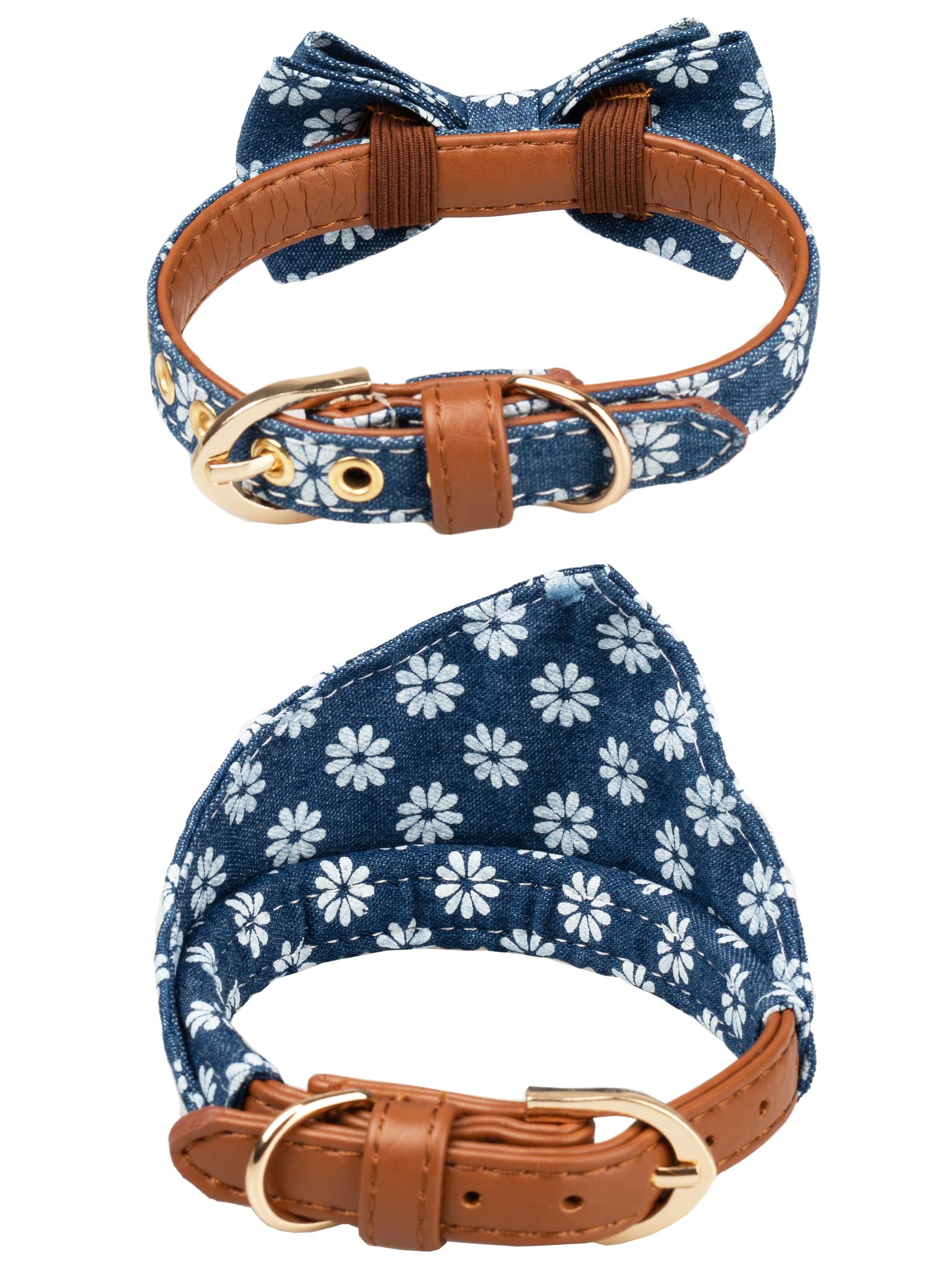 Gyapet Small Dog Collar Puppy Cat Tiny Pet Bow Tie & Bandana 2Pcs Set Pu Leather Canvas Scarf Durable Blue Daisy