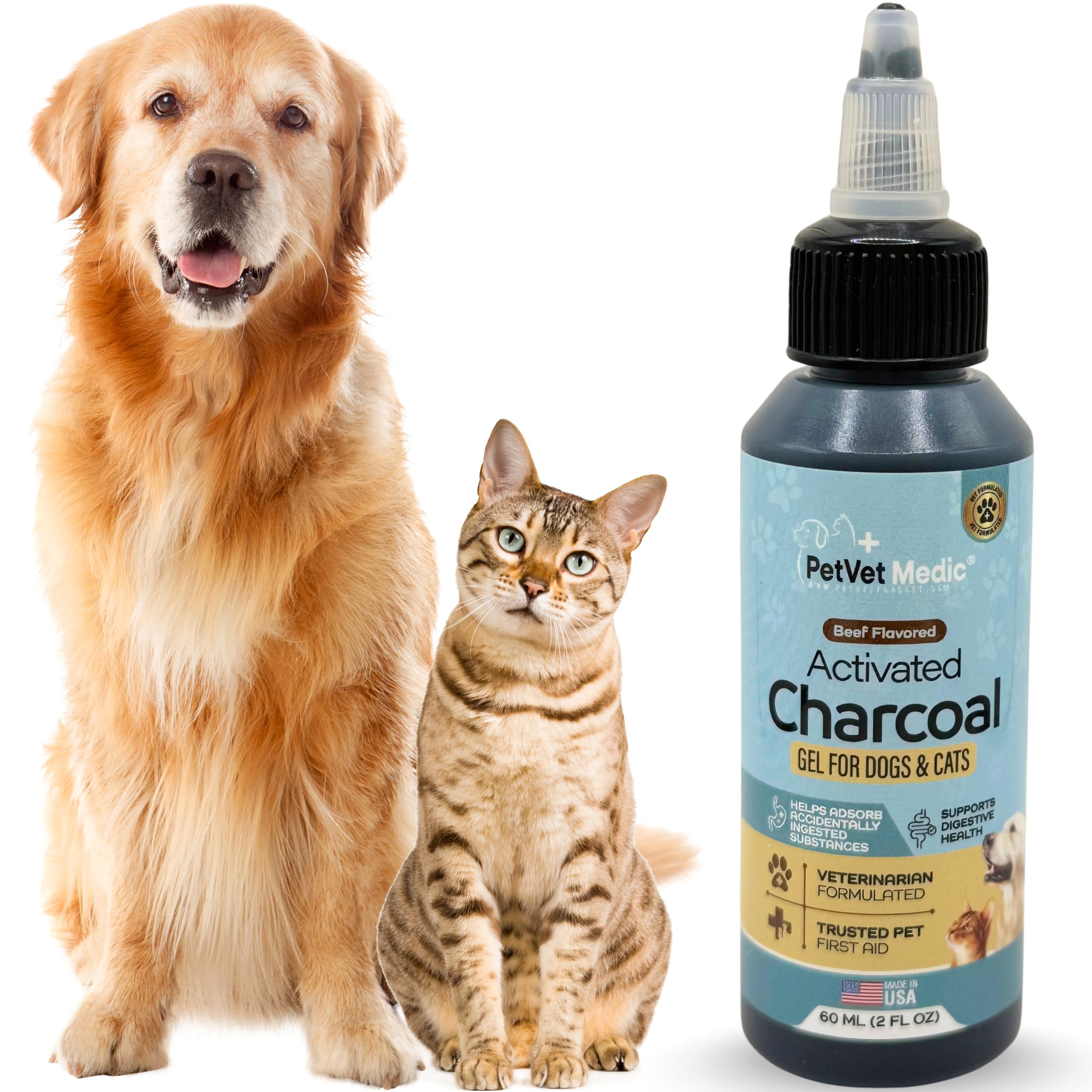 Pet Vet Flavored Activated Charcoal Gel for Dogs & Cats (60ml Bottle), Dog First Aid Activated Charcoal, Absorbs Toxins, Support