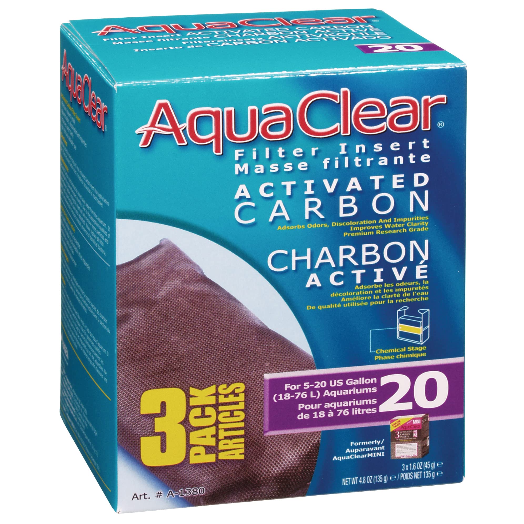 Aqua Clear AquaClear 20 Activated Carbon Inserts, Aquarium Filter Replacement Media, 3-Pack, A1380