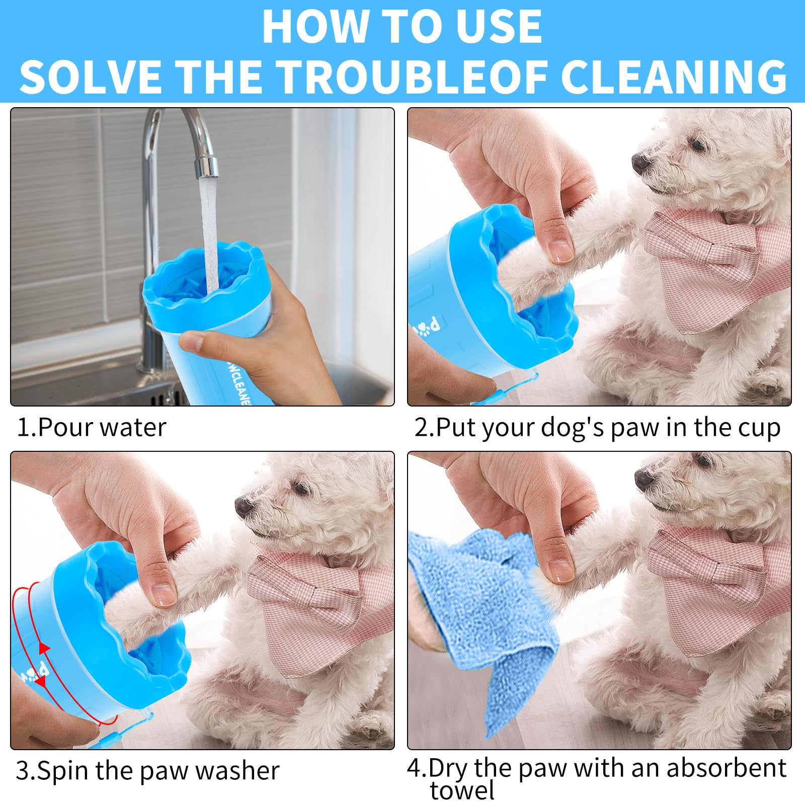 Comotech Dog Paw Cleaner, Portable Dog Paw Washer Pet Cleaning Silicone Brush With 3 Absorbent Towel, Pet Foot Cleaner For Small Breed Dogs(Blue)