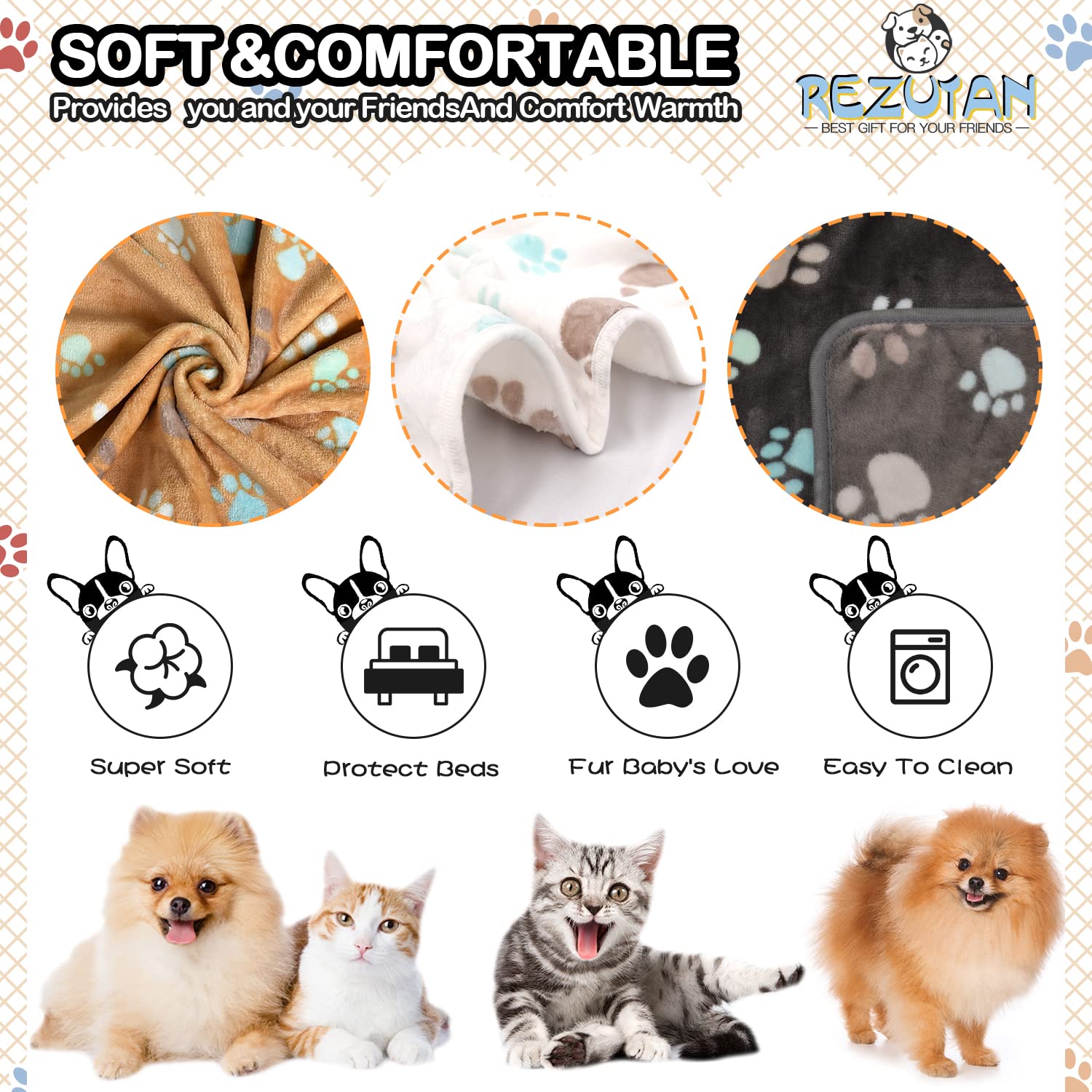 Rezutan Upgraded Dog Blankets For Medium Dogs, 3 Pack Dog Cat Blankets Washable, Soft Pet Mat Throw Cover For Kennel Crate Bed, Cute Paw Pattern, Dog Blanket, Pet Blanket 30'X20'