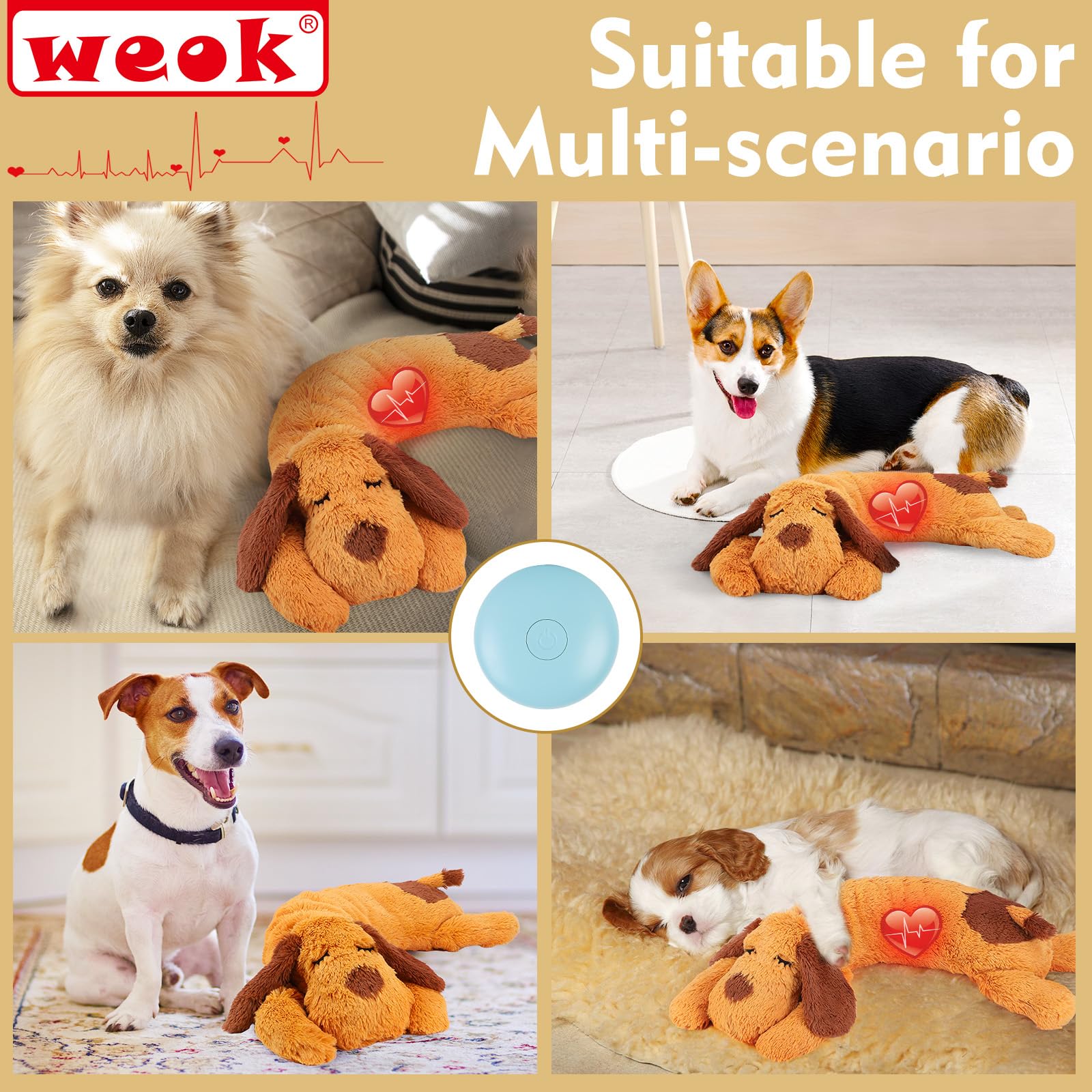 Weok Heartbeat Puppy Toy, Comfort Cuddler Pillow, Dog Anxiety Relief Calming Aid,Heartbeat Stuffed Toy For Dogs,Puppy Heartbeat