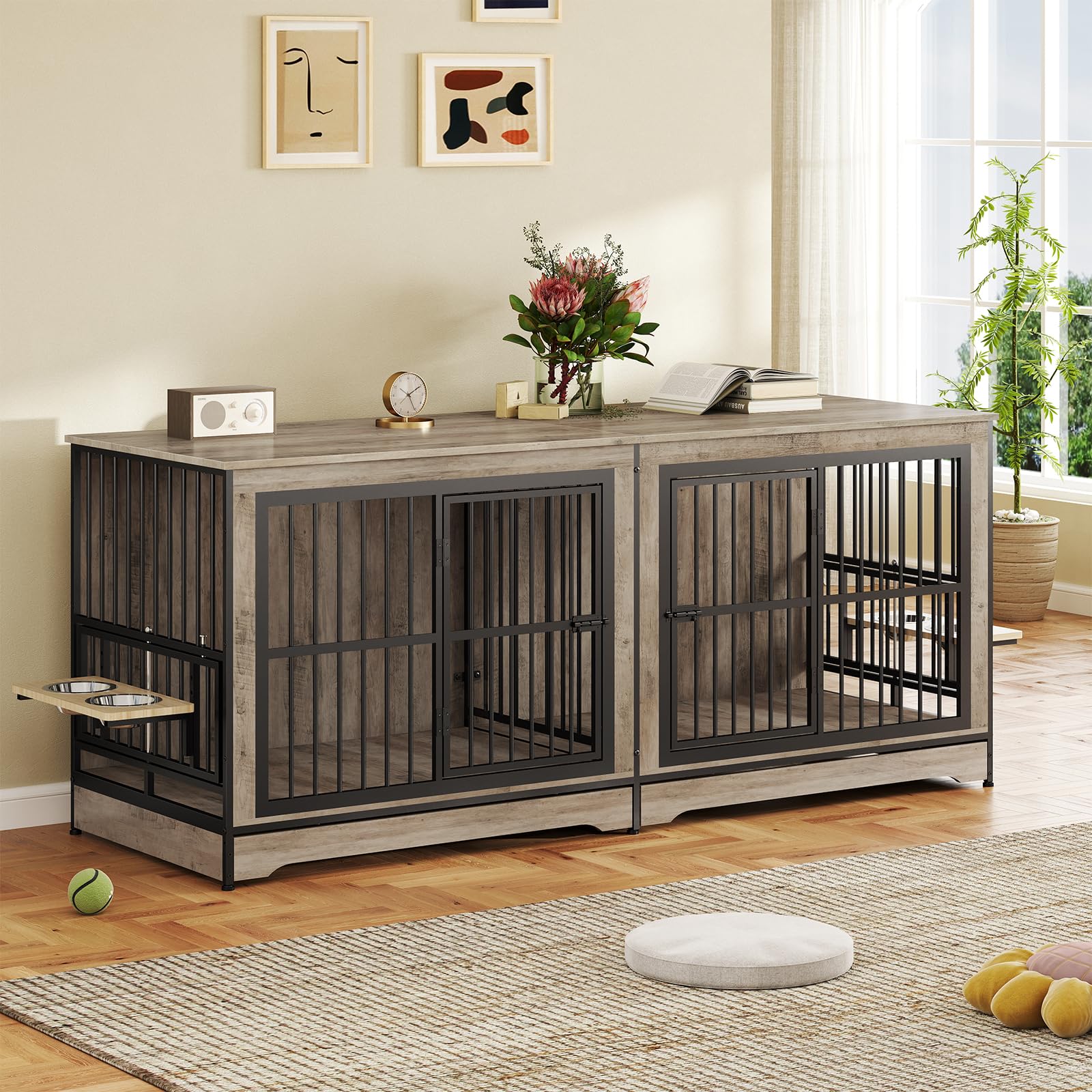 Rovibek 78 Double Dog Crate Furniture for 2 Large Dogs Indoor, Wooden Furniture Dog Crates with Dog Bowl, Dog Kennel Furniture T