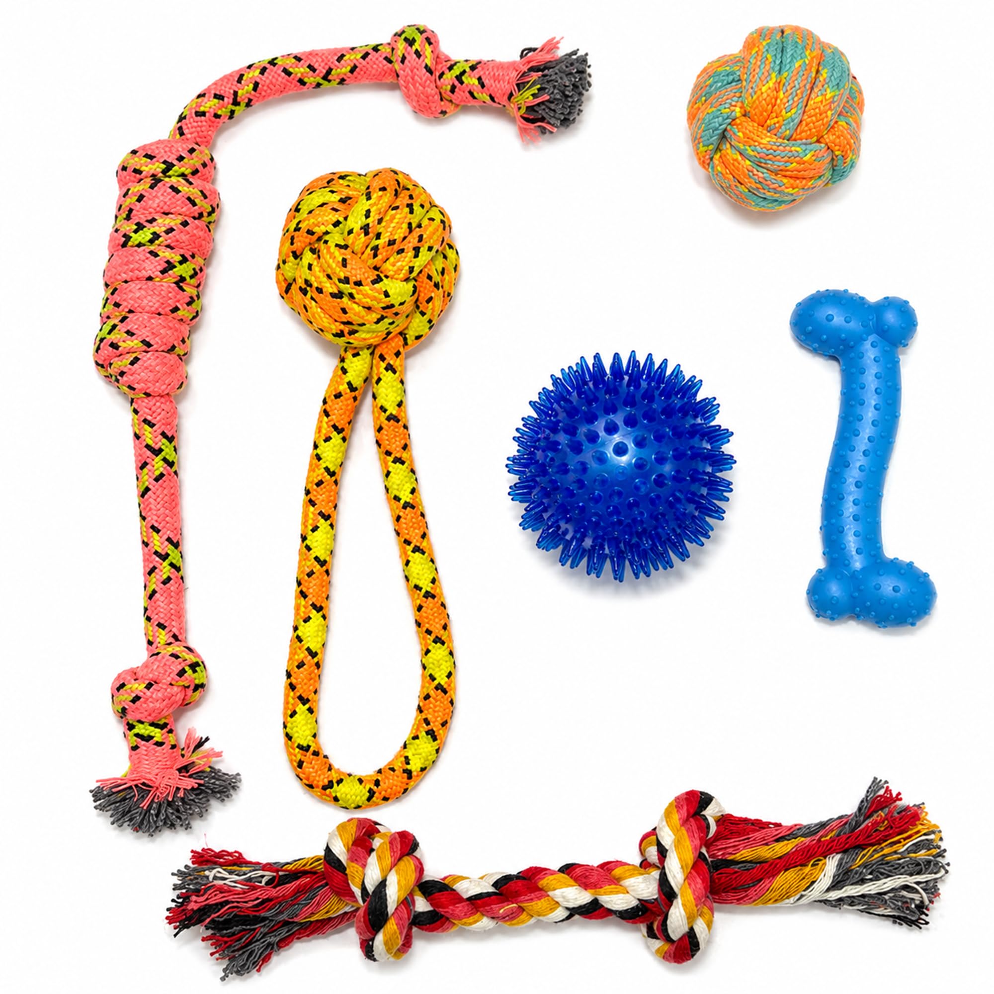 Petjoy 6In1 Dog Toy Combo Pack For Puppies & Small Dogs | Rope Tug Toy, Rope Ball, Squeaky Plush Toy, Rubber Ball, Rubber Bone