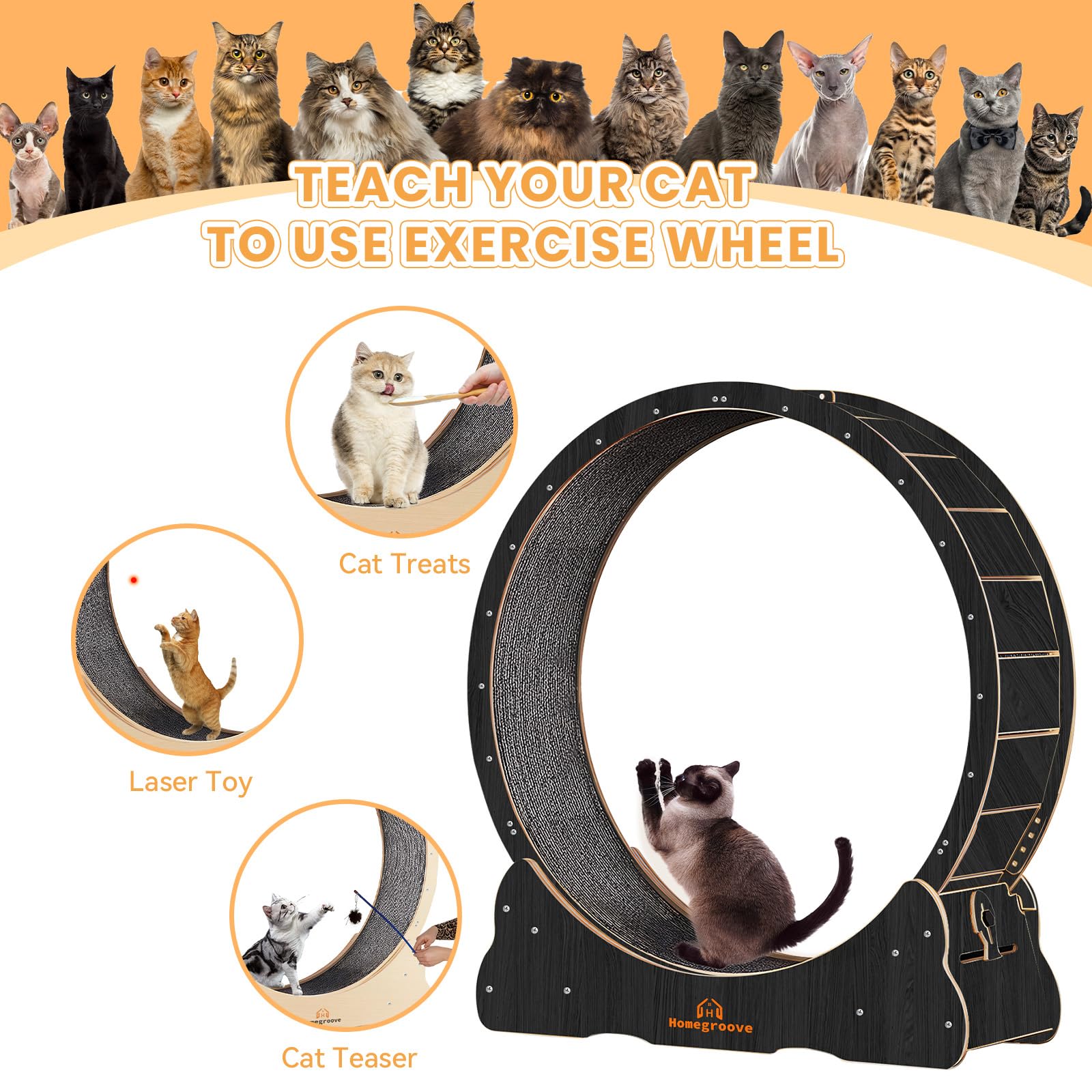 Homegroove Cat Wheels for Indoor Cats, 43  Large Cat Exercise Running Treadmill Wheel with Carpeted Runway for Kittys Longer Lif