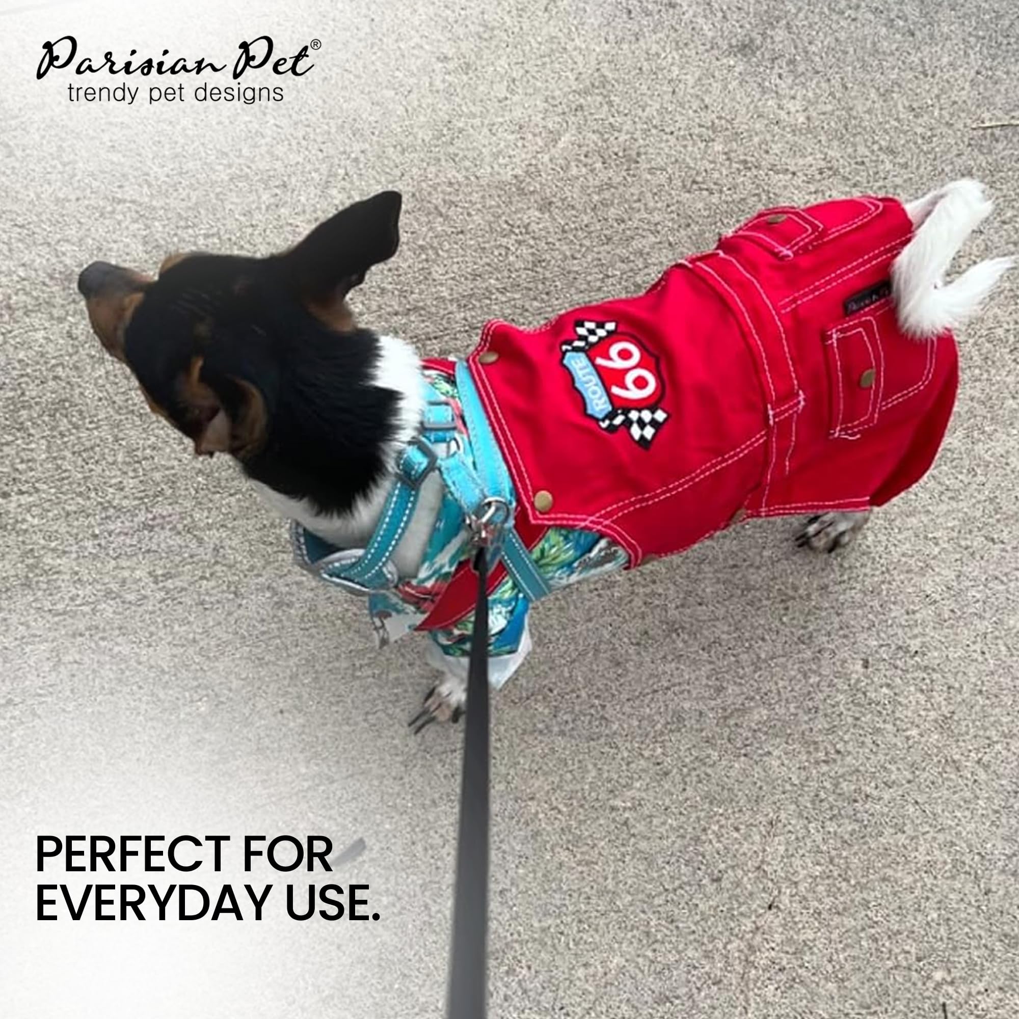 Parisian Pet Denim Dog Overalls - Embroidered 'Route 66' Red Jumpsuit - Breathable, Machine-Washable Medium Dog Costume