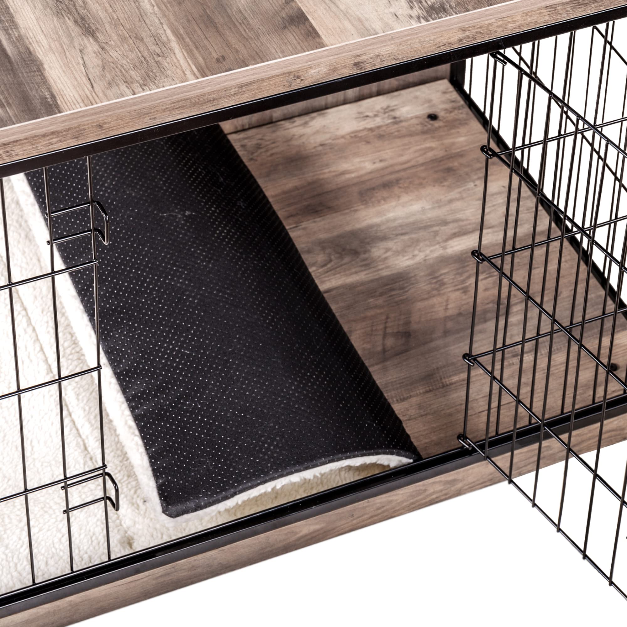 DWANTON Dog Crate Furniture with Cushion, Wooden Kennel Table with Double Doors, Indoor Dog House, Medium Size, 32.5 L, Greige