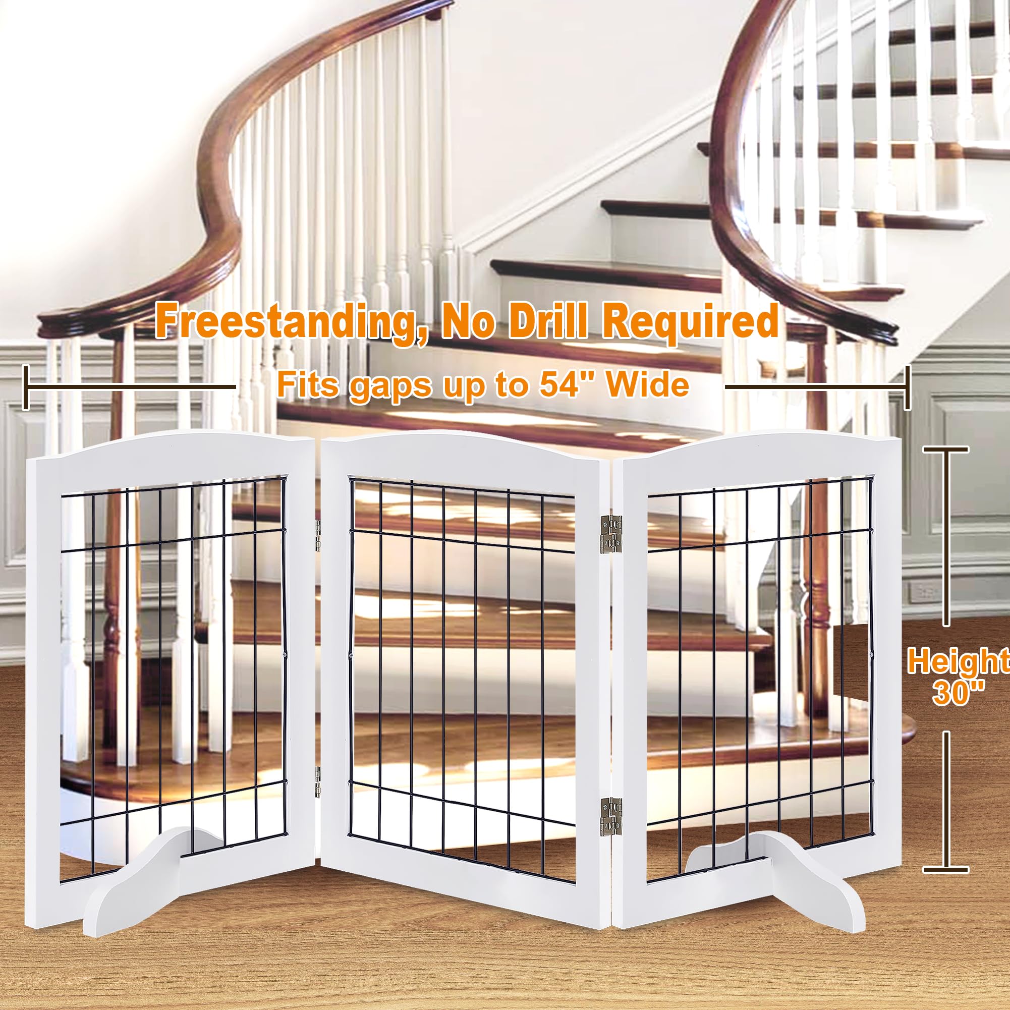 Lzrs 3-Panel Freestanding Adjustable Wooden Dog Gate-30'' Tall Foldable Pet Barrier With Support Feet, Chew-Resistant Solid Hard