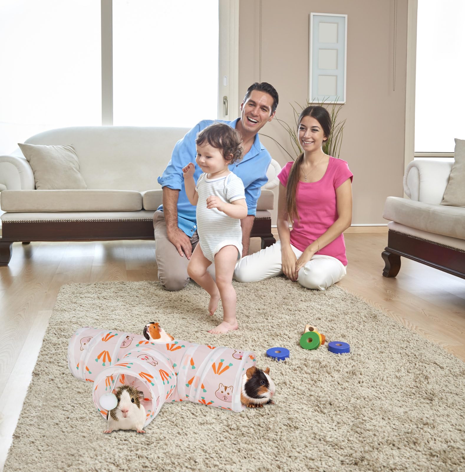 Rypet Guinea Pig Tunnel 3 Way Collapsible Small Pet Tunnels and Tubes with Interactive Ball for Baby Rabbit Ferret Hamster Chinc