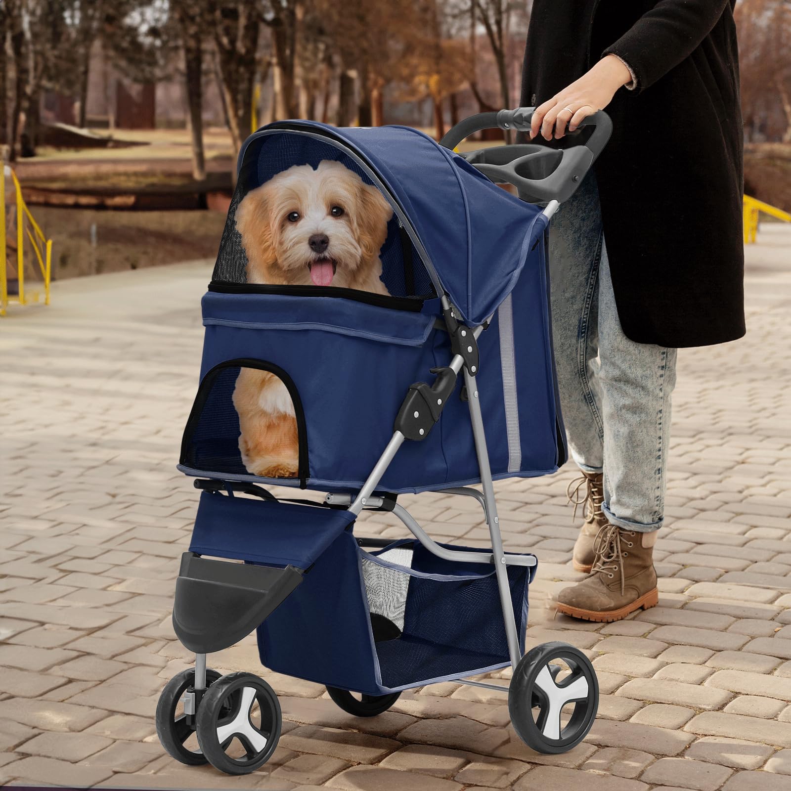 MoNiBloom Pet Stroller, Foldable Dog/Cat Jogger with Weather Cover, Storage Basket, Mesh, 13"x29"x40", Navy Blue, Model A78-PS-001-N