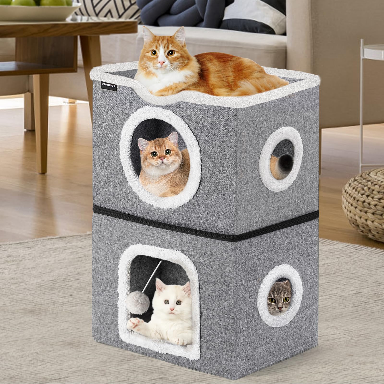 URPOWER Large Cat Bed - Dark Grey Covered Cat Cave with Scratch Pad, Fluffy Ball, and Foldable Design, Model CH2008 for Indoor Cats