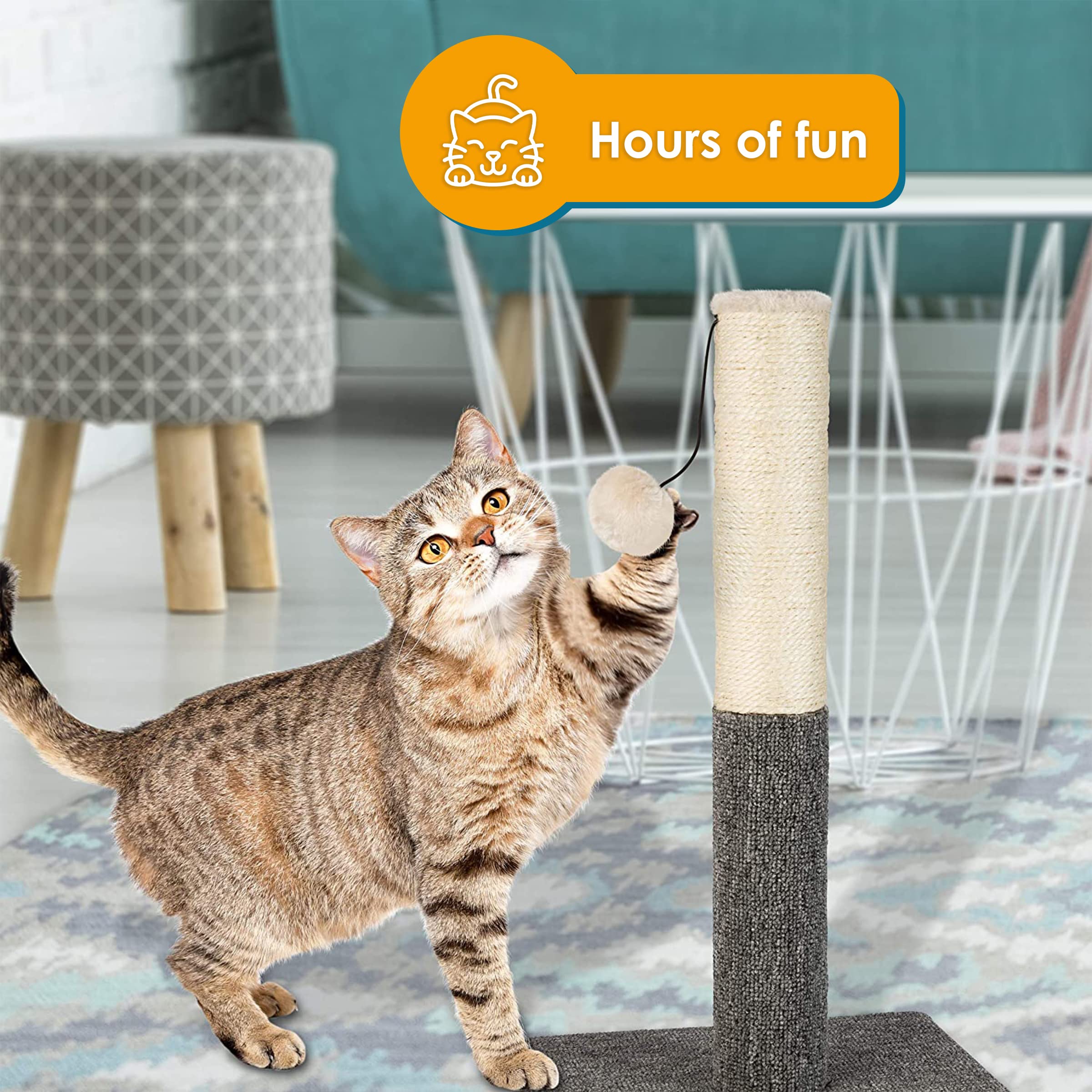 PAWBEE 20 Tall Cat Scratching Post for Indoor Cats - Durable Sisal Rope Scratcher Pole with Playful Hanging Ball - Ideal Cat Tow