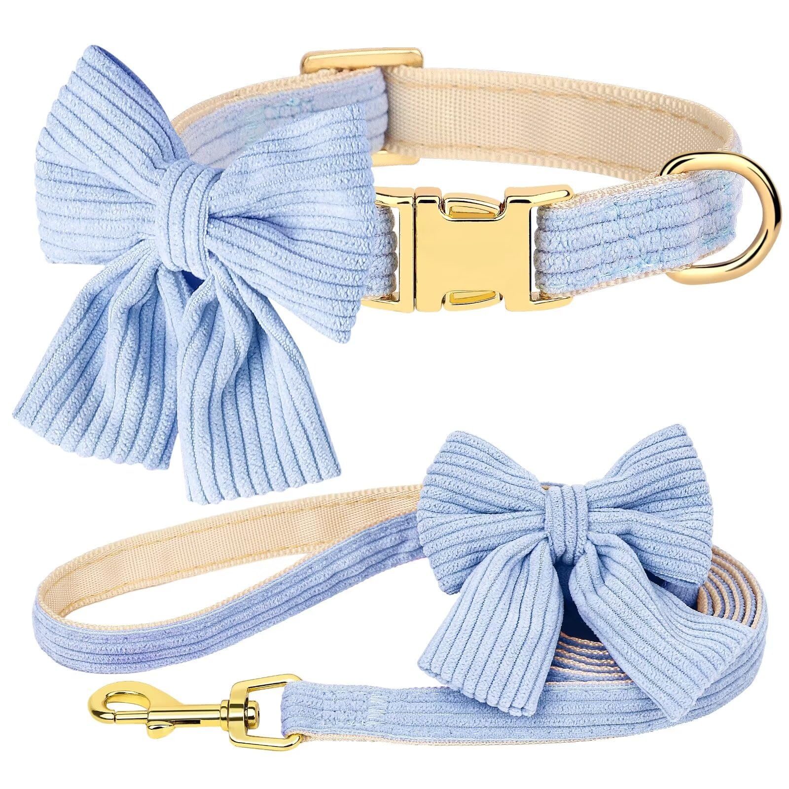 Didog Dog Collar And Leash Set With Bowtie, Girl Dog Collars Metal Buckle Adjustable For Small Medium Dogs(Blue, M)
